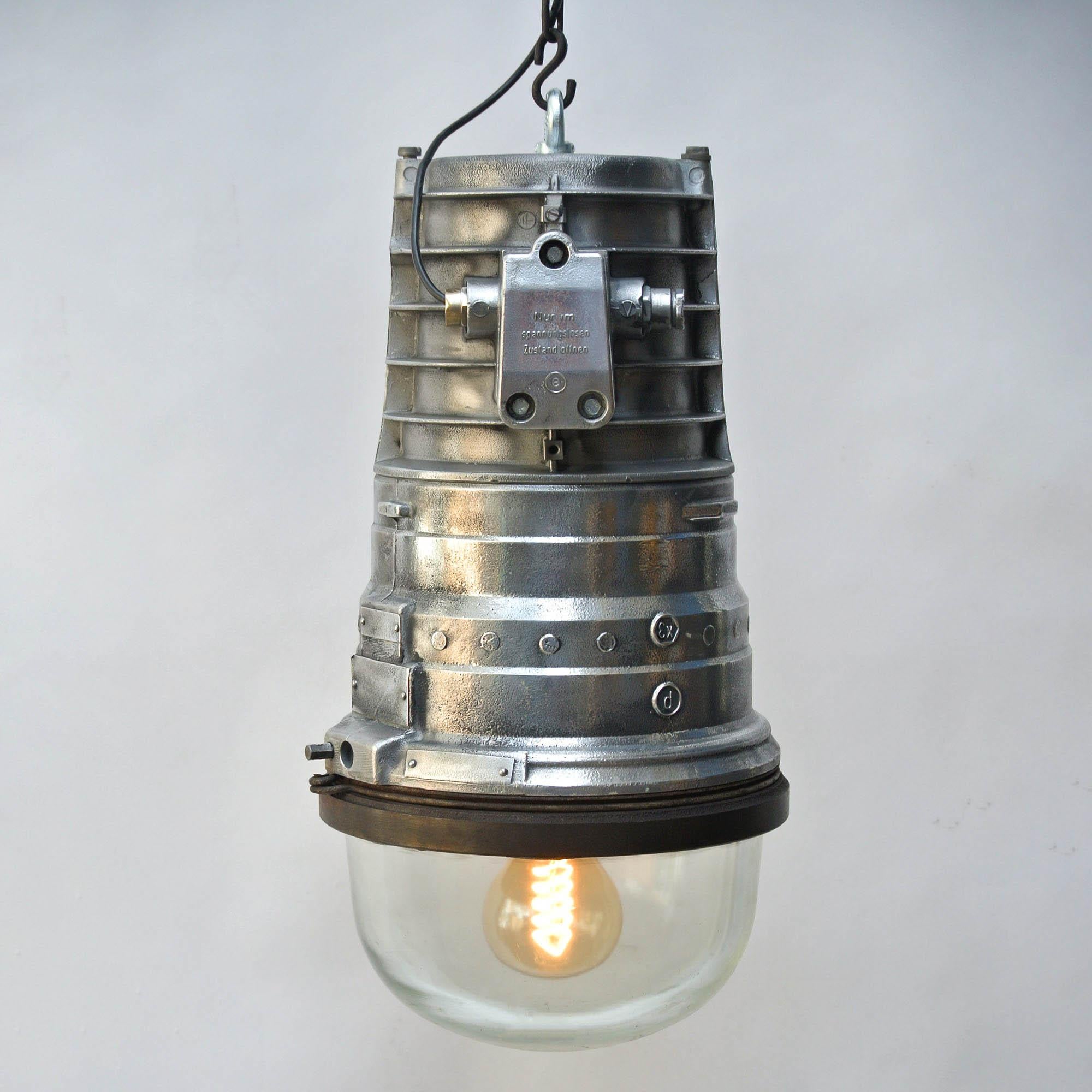 Old German light originally used in chemical industry, very thick and diffusing glass, fully restored and rewired. Perfect for high ceiling. Fully restored and rewired.