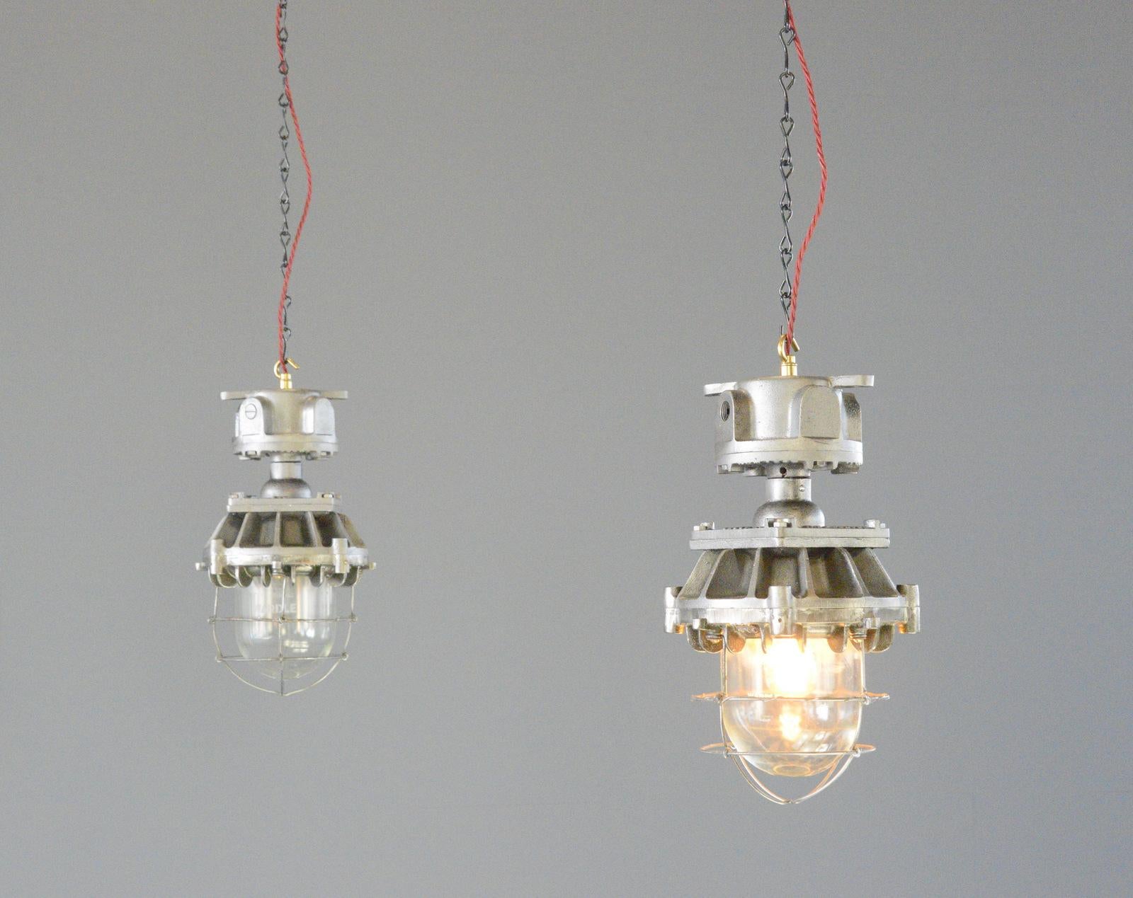 Explosion Proof Pendant Lights By Wardle circa 1930s

- Cast iron with steel cages
- Flame prood glass with 