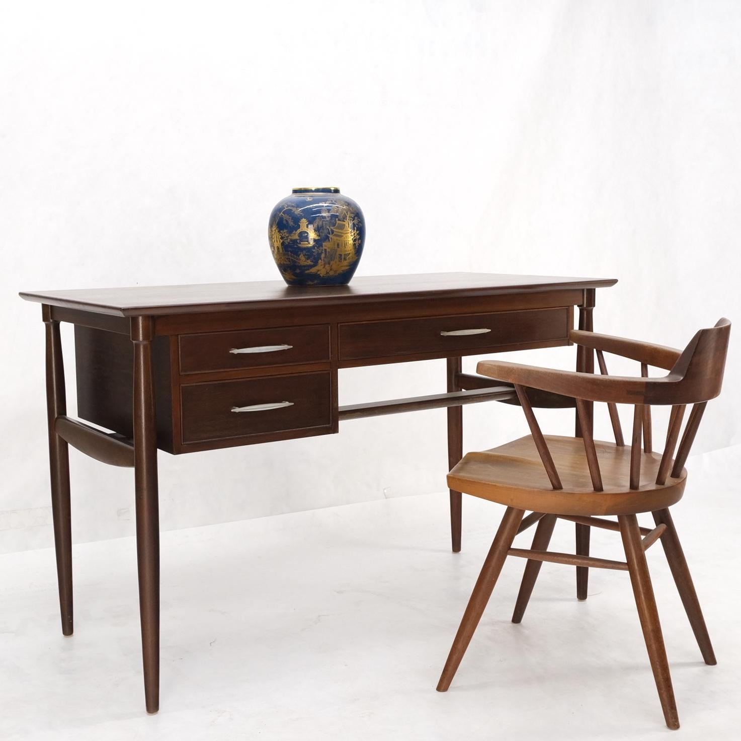 20th Century Exposed Dowel Shape Legs Floating Top 3 Drawers Walnut Desk Table Console Mint