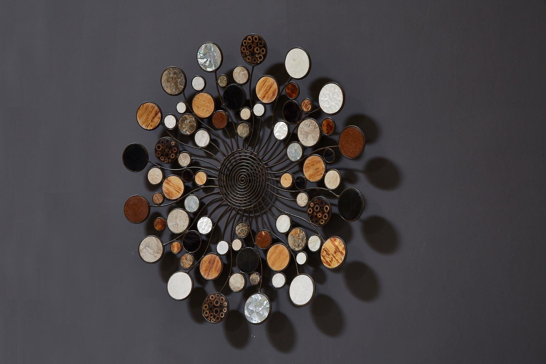 Post-Modern Expression Round Wall Sculpture with Natural Exotic Inlay For Sale