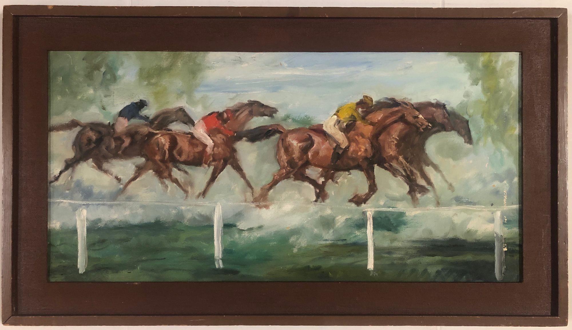 Expressionistisches Kunstwerk der Nachkriegszeit Ölgemälde einer Pferderennszene mit mehreren Jockeys im Rennen um die Ziellinie mit einem quadratischen Hartholzrahmen.

CIRCA 1960, unsigniert