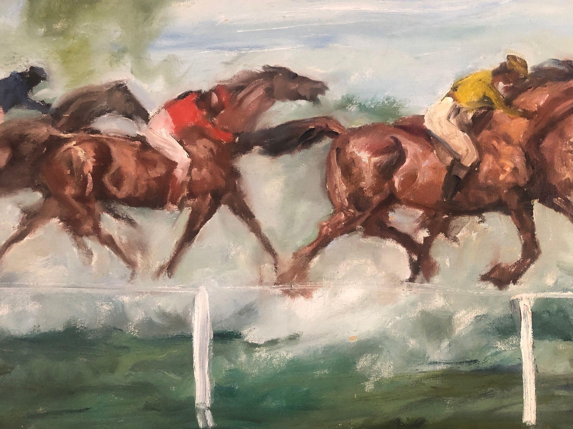 Milieu du XXe siècle Expressionnisme Scène de course de chevaux encadrée Peinture à l'huile sur toile en vente