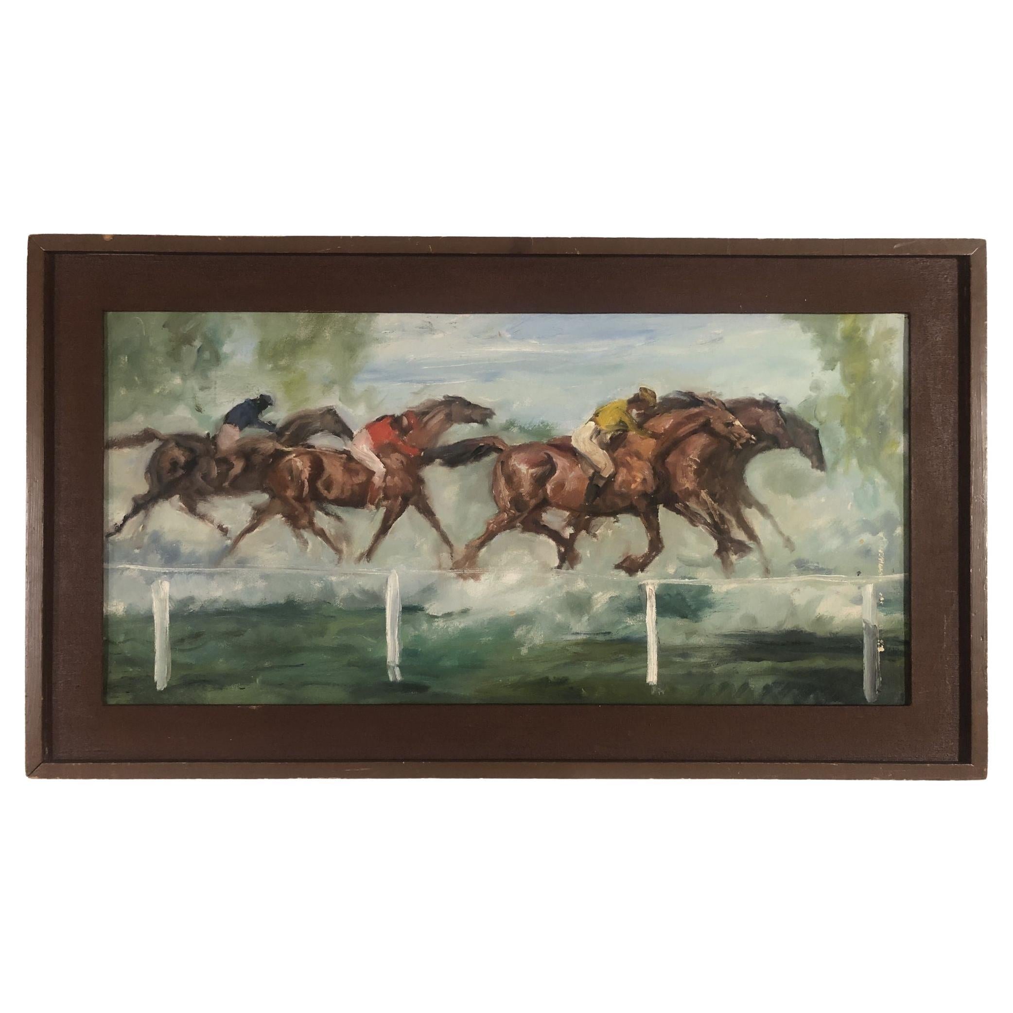 Expressionism Race Horse Racing Scene Framed Oil Painting on Canvas For Sale