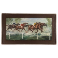 Used Expressionism Race Horse Racing Scene Framed Oil Painting on Canvas