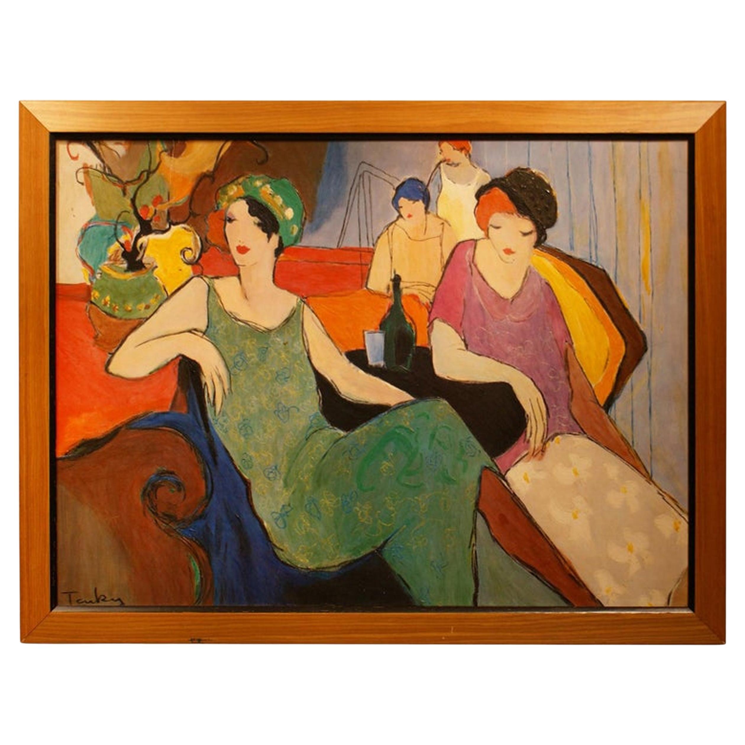 Expressionist Acrylic Painting of Women in Cafe, Late 20th Century For Sale