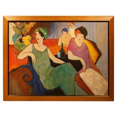Expressionist Acrylic Painting of Women in Cafe, Late 20th Century