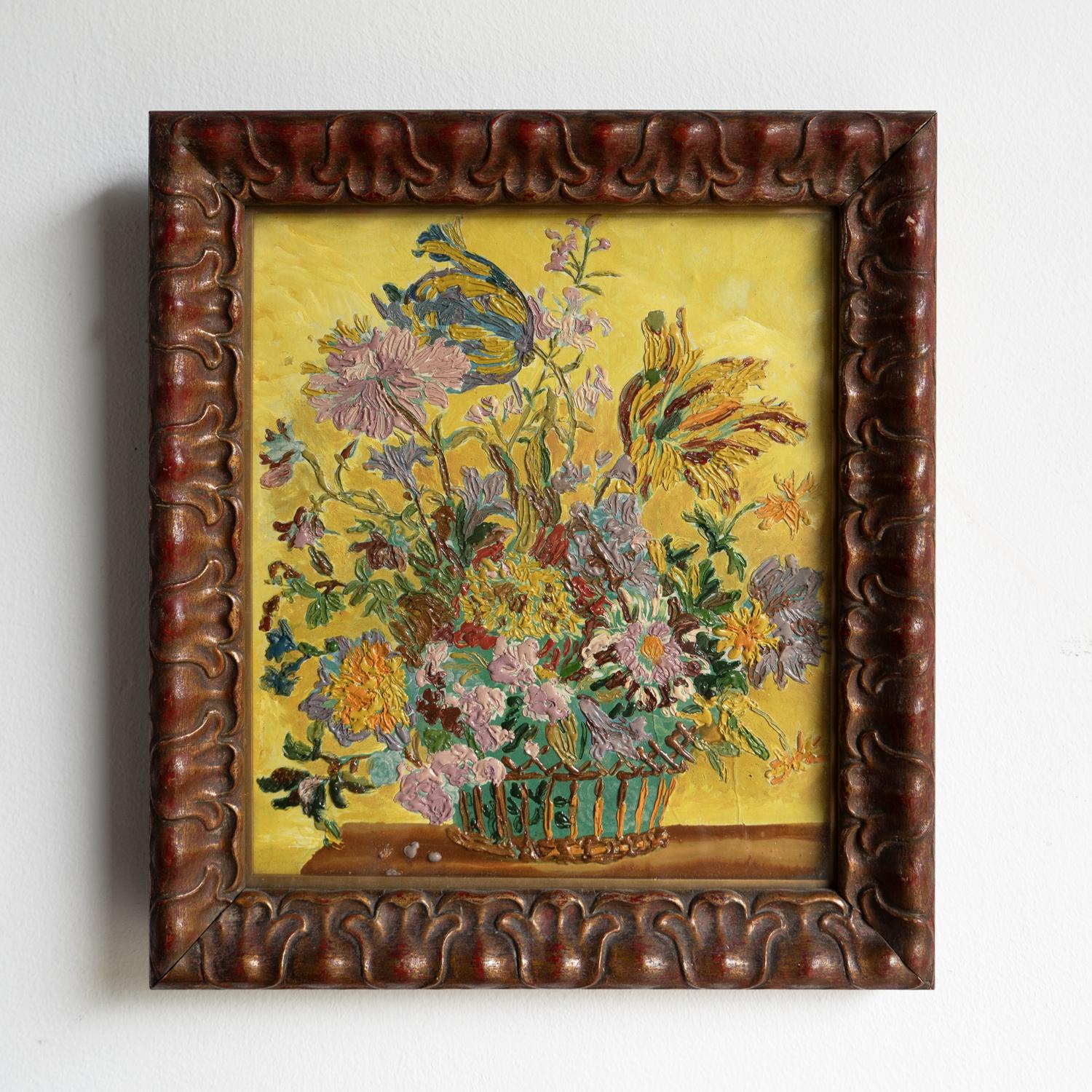 PEINTURE ANCIENNE ORIGINALE À L'HUILE SUR PANNEAU, DÉBUT DU 20E SIÈCLE

Une œuvre d'art vibrante et expressive représentant des fleurs dans un panier sur une table, qui rappelle quelque peu le Bloomsbury Group et ressemble à d'autres natures mortes