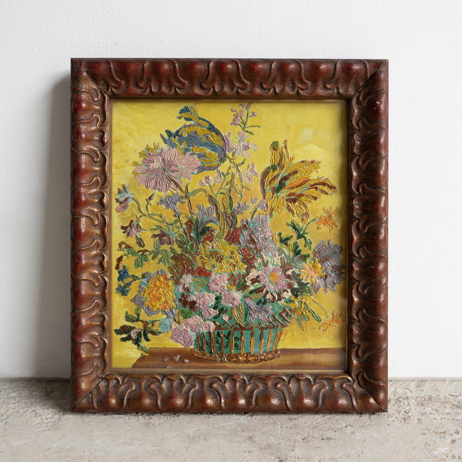 Bois Nature morte florale expressionniste de style Bloomsbury, peinture à l'huile originale ancienne en vente