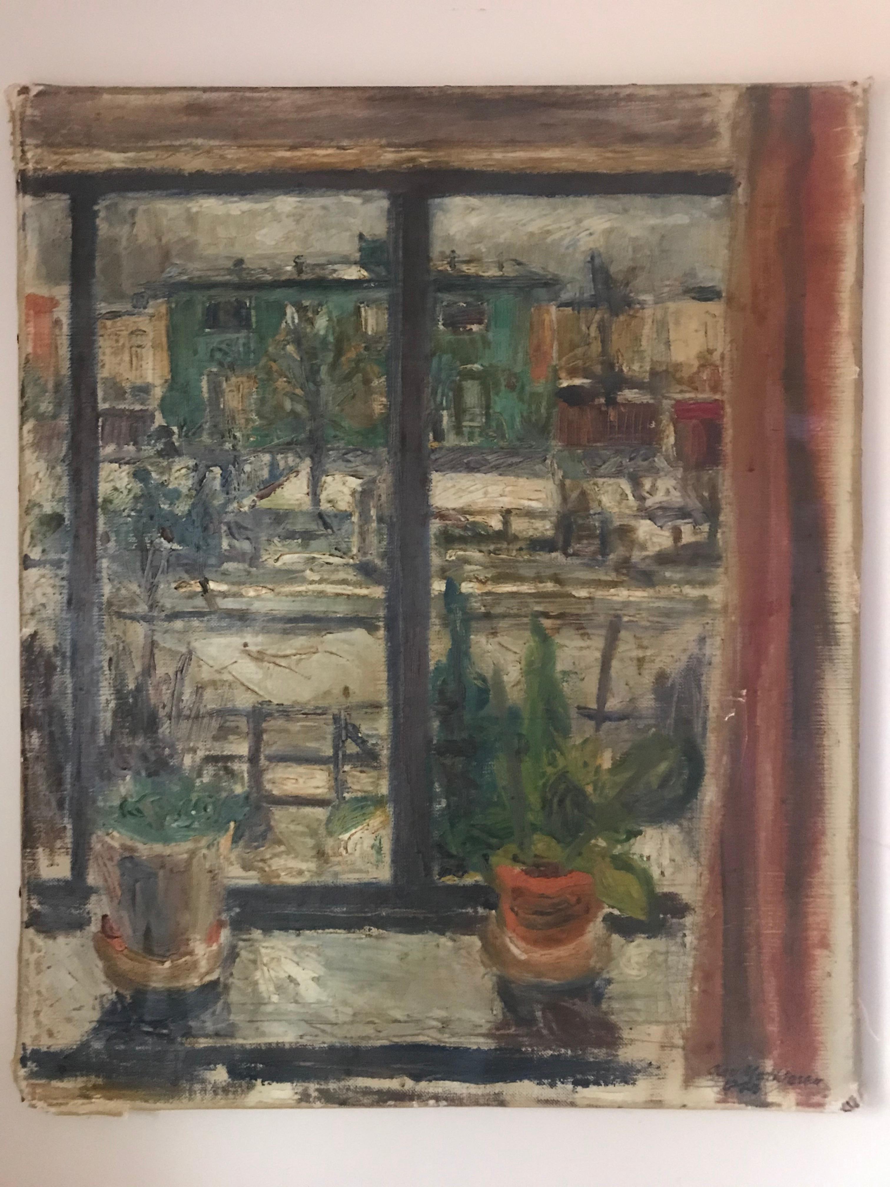 Expressionist Cityscape Window Painting by Olav Mathiesen, 1944 For Sale 10