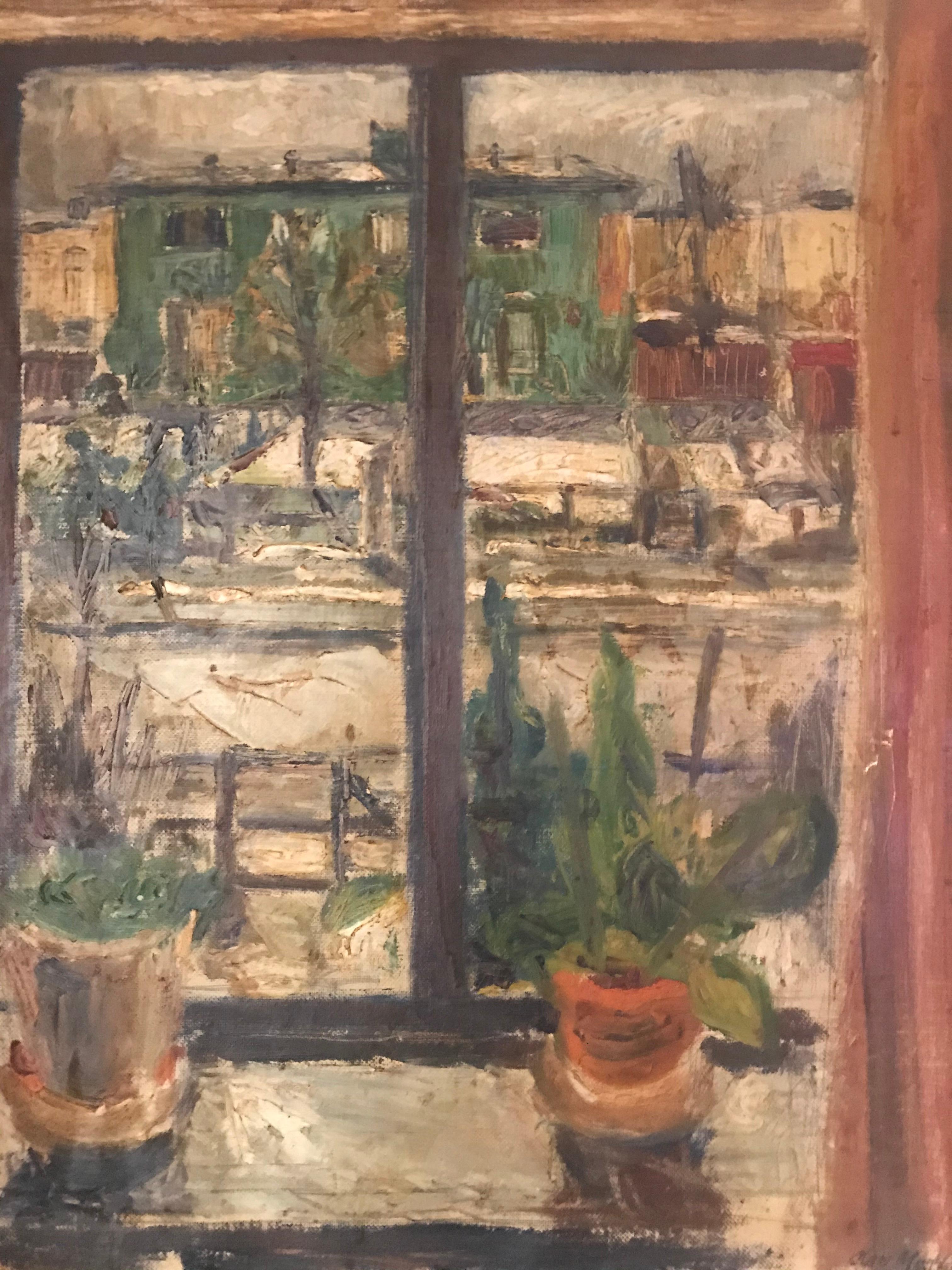 Excellent cityscape window painting by Danish American listed artist. Olav Mathiesen. Signed, 1944.
Holes along canvas stretcher corners. Small abrasion/indentation on painting, see pictures.
Would look excellent in a new frame. His execution is