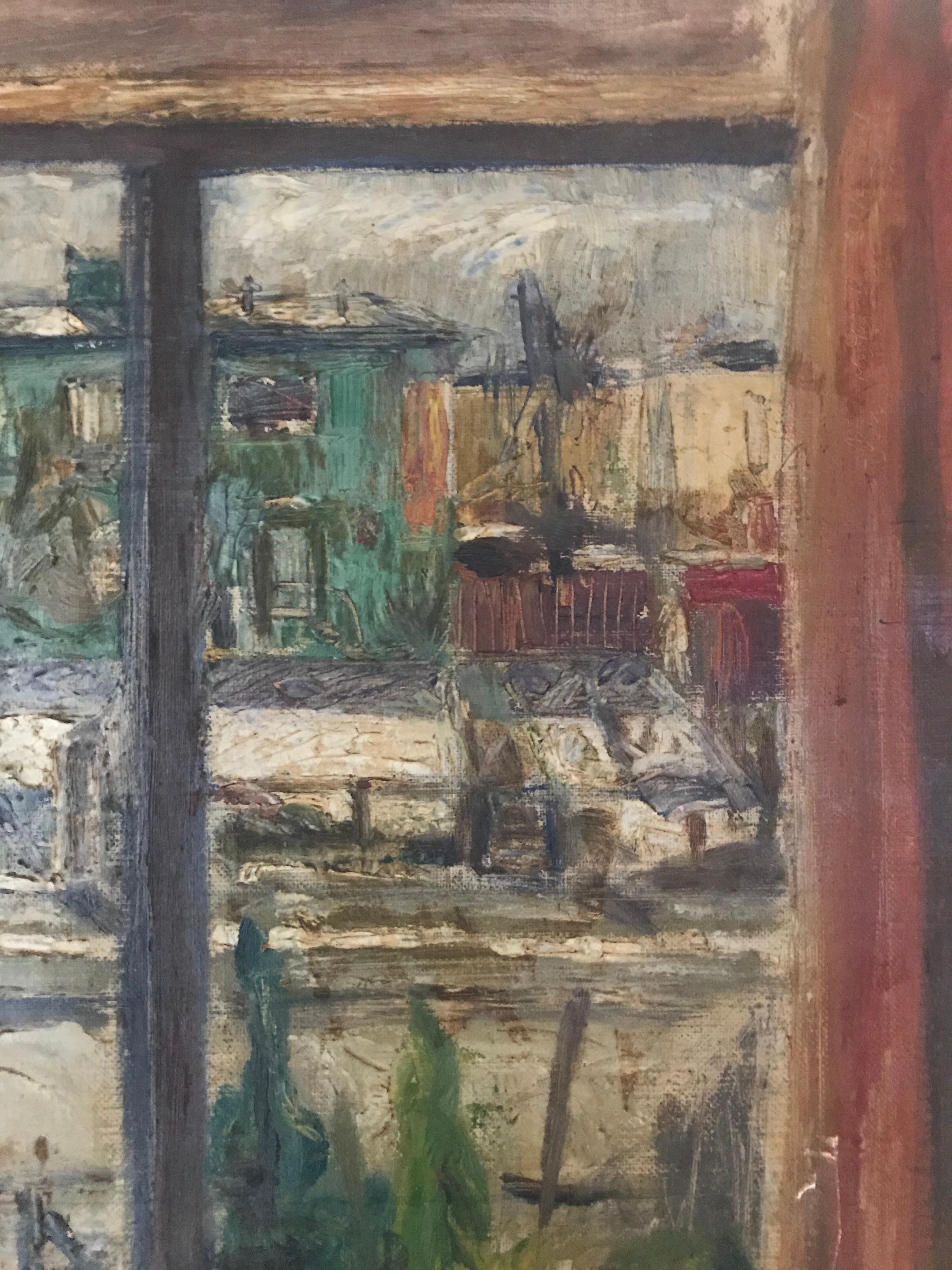 American Expressionist Cityscape Window Painting by Olav Mathiesen, 1944 For Sale