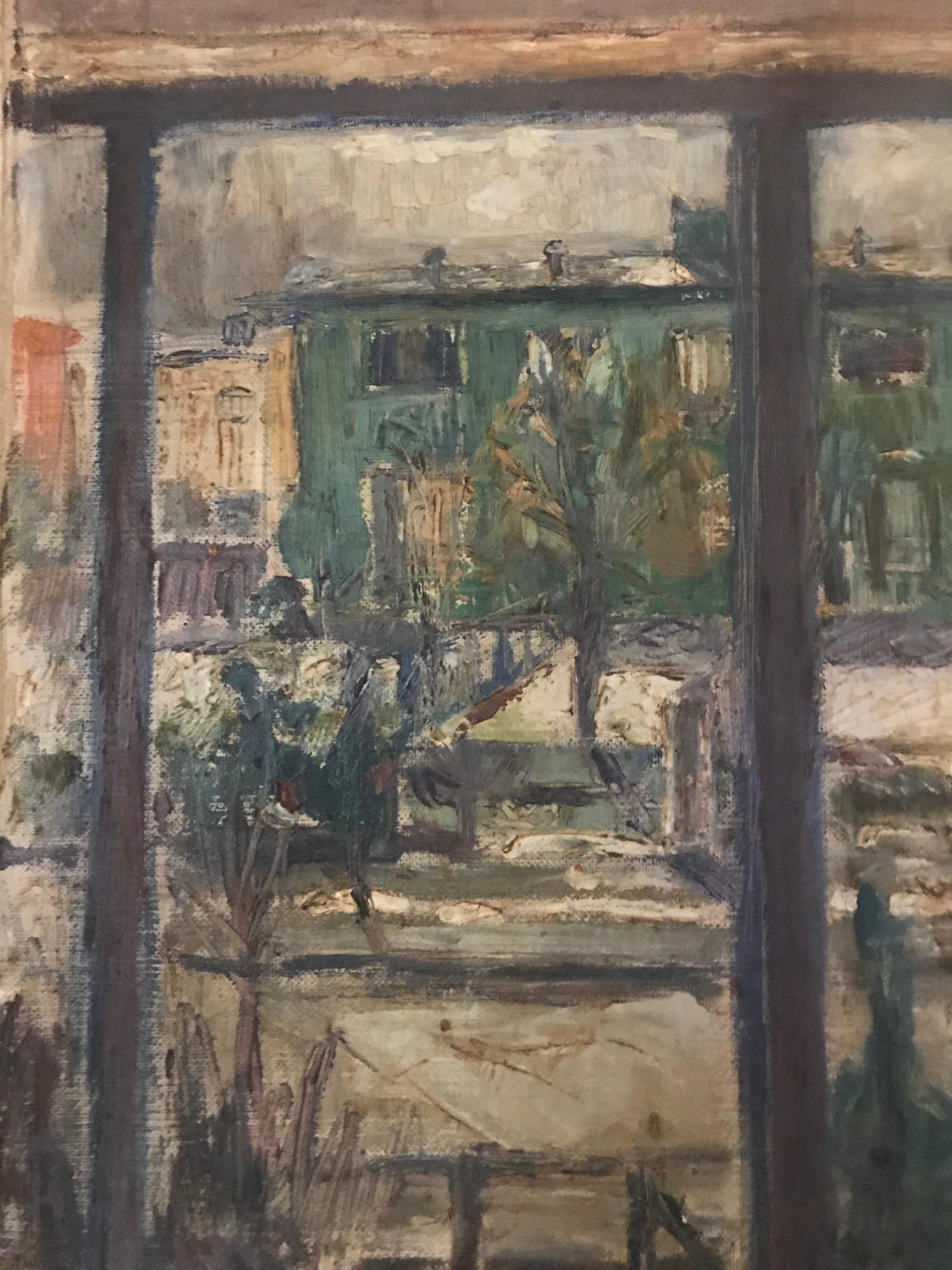 Expressionist Cityscape Window Painting by Olav Mathiesen, 1944 In Distressed Condition For Sale In Framingham, MA
