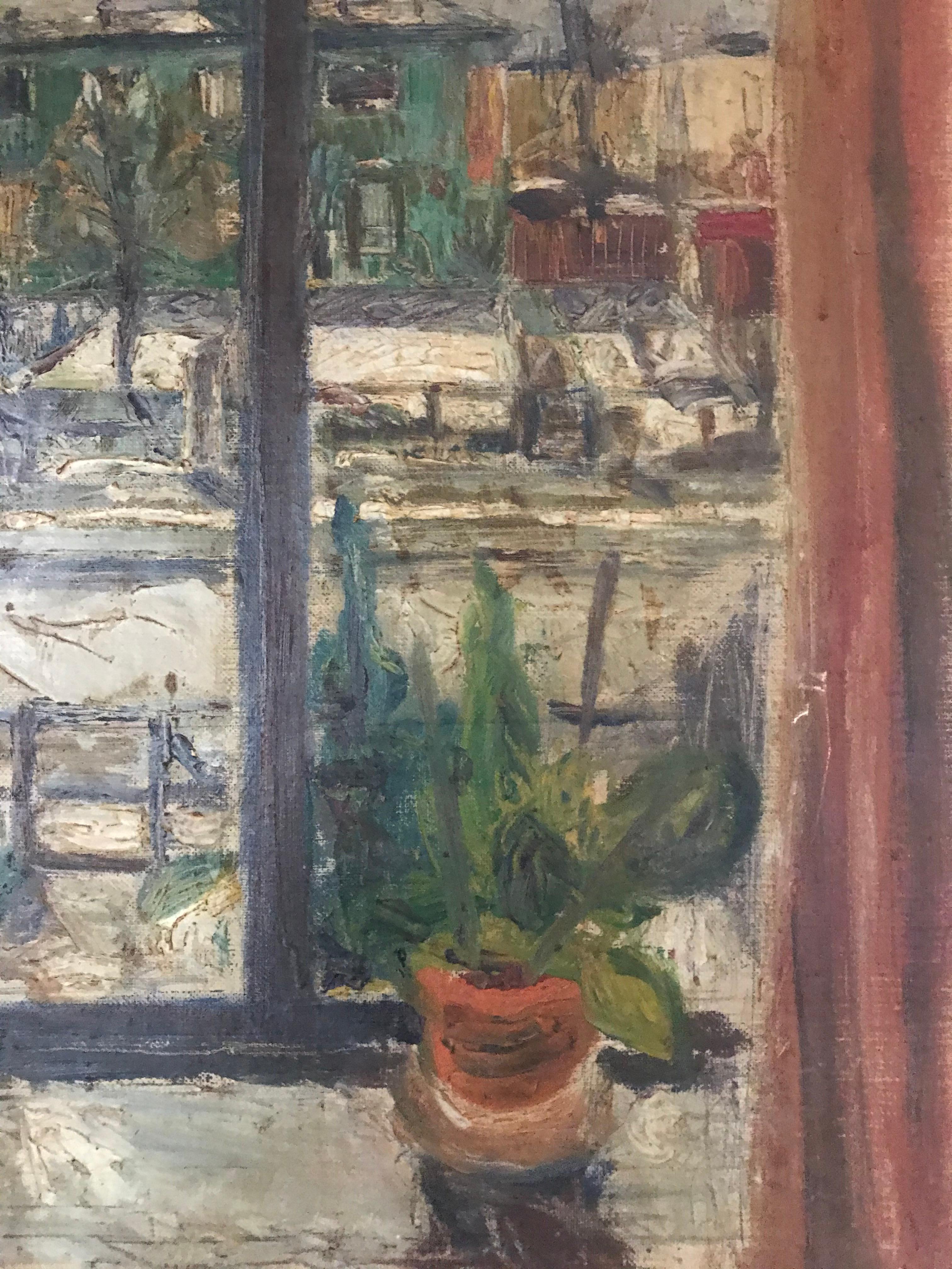 Mid-20th Century Expressionist Cityscape Window Painting by Olav Mathiesen, 1944 For Sale