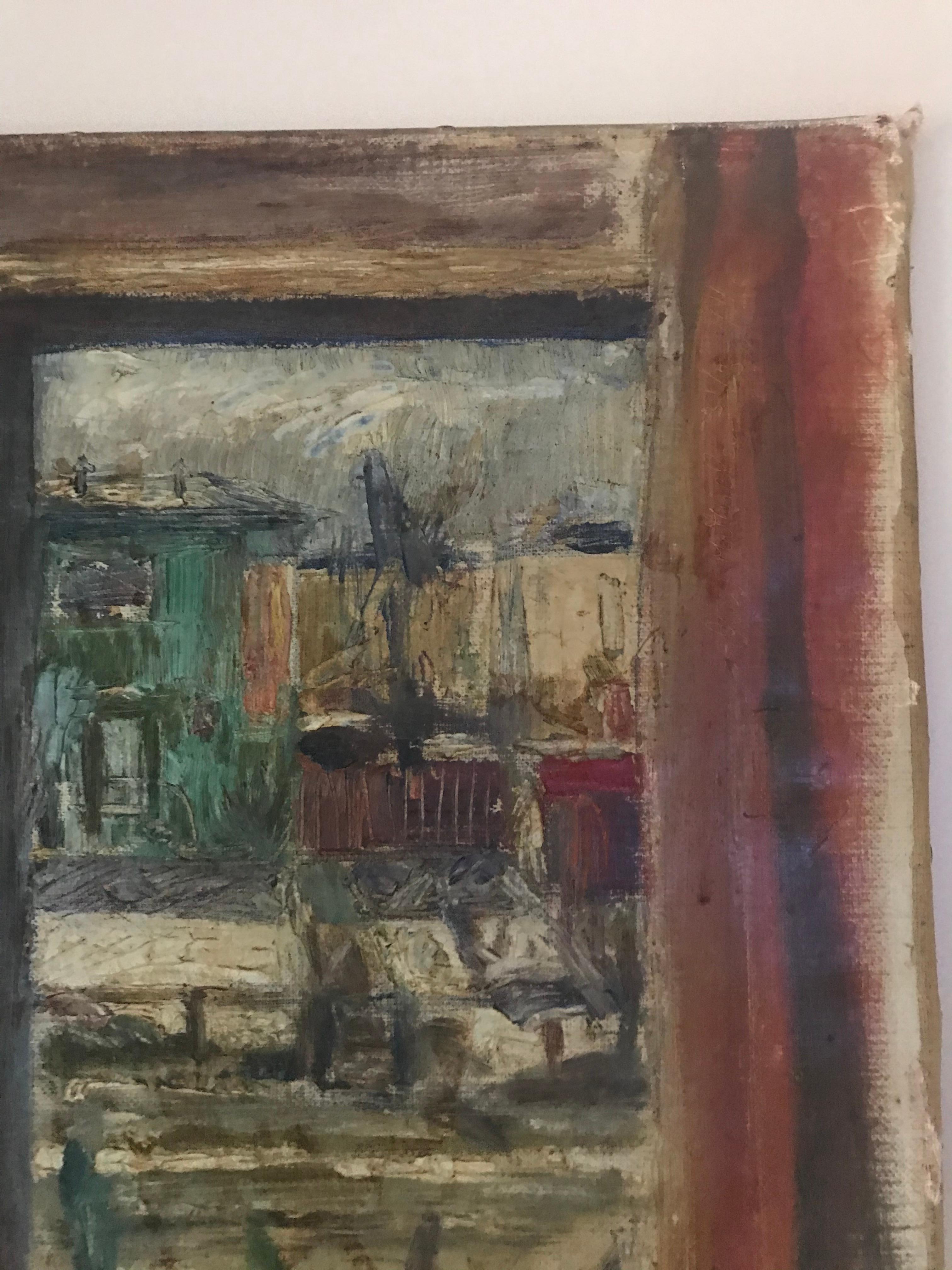 Canvas Expressionist Cityscape Window Painting by Olav Mathiesen, 1944