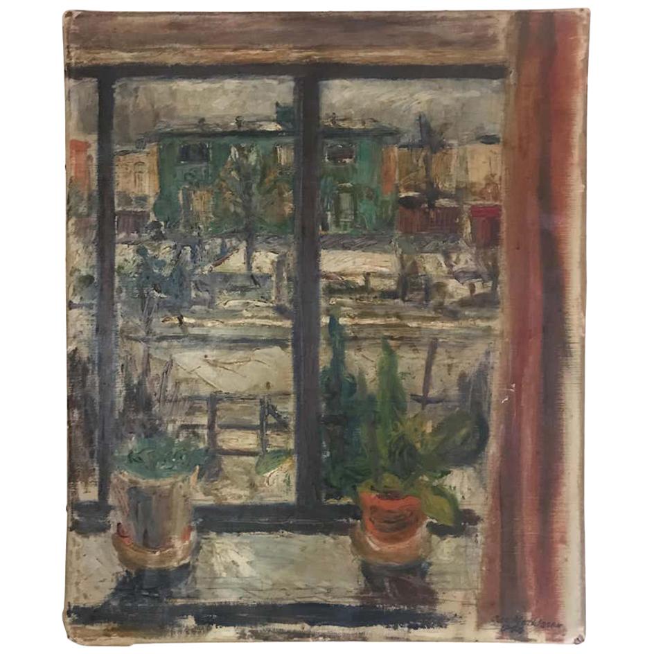 Expressionist Cityscape Window Painting by Olav Mathiesen, 1944 For Sale