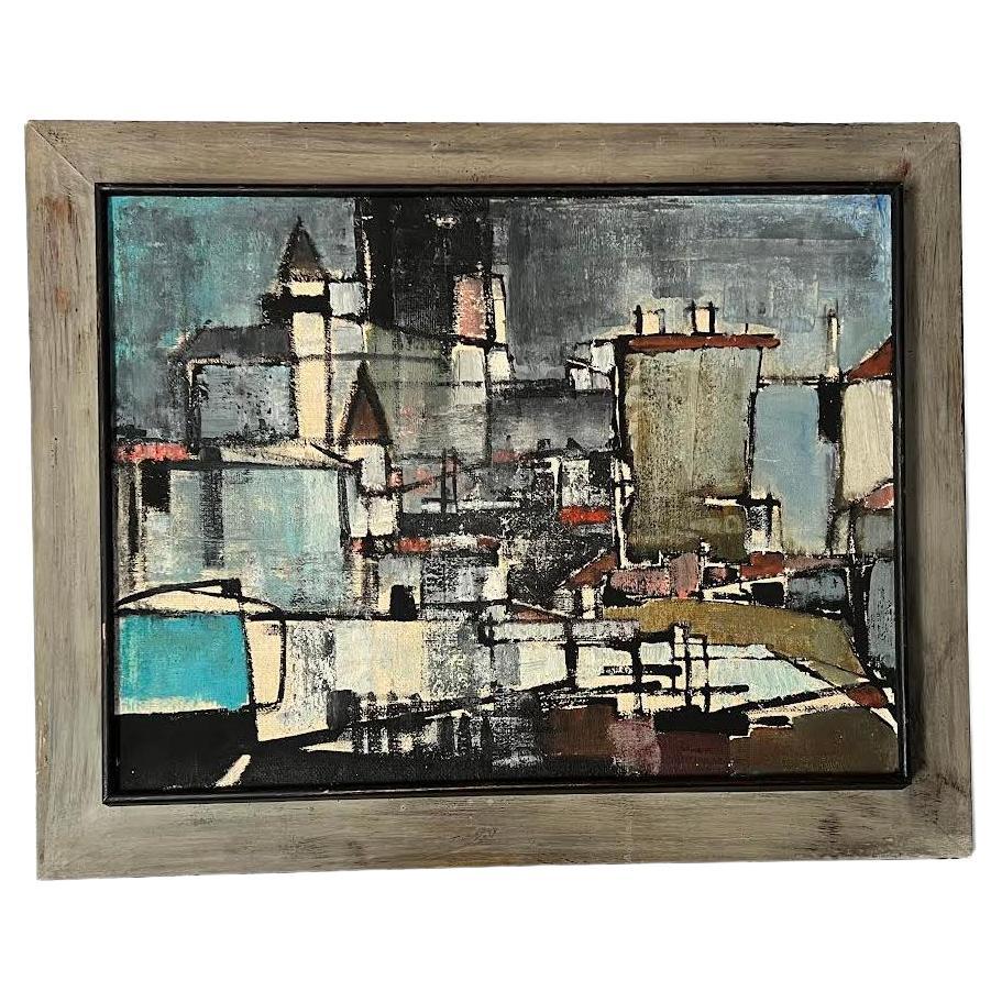 Artist Pawel August Kontny (1923-2002)
Stunning and expressive landscape. This artist had a minimal approach with the paint, giving us transparency and texture. Thick lines create building outlines.
 To get to the desired texture, Kontny used a