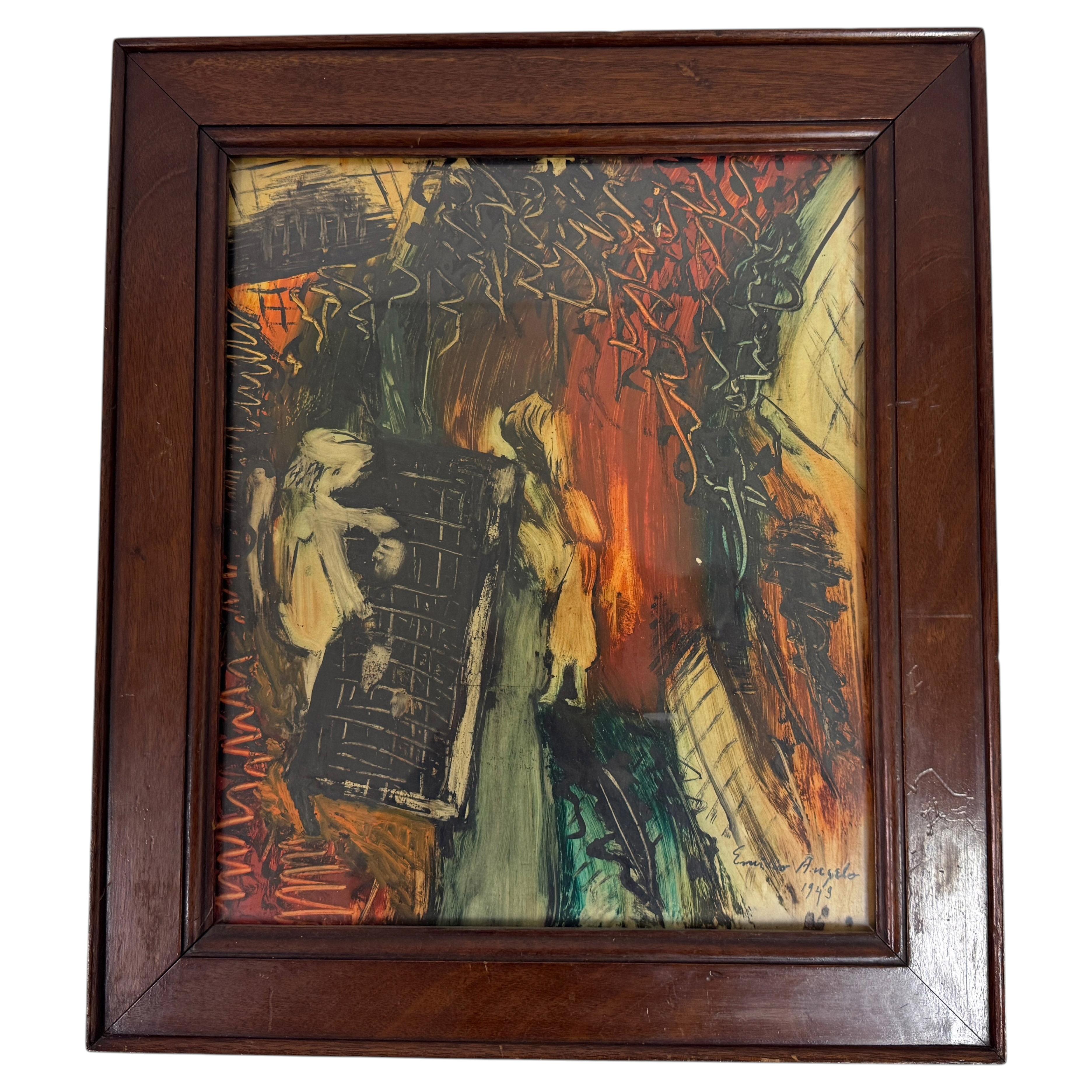 Expressionist Market Scene Painting 1949 By Emidio Angelo (1903–1990) For Sale