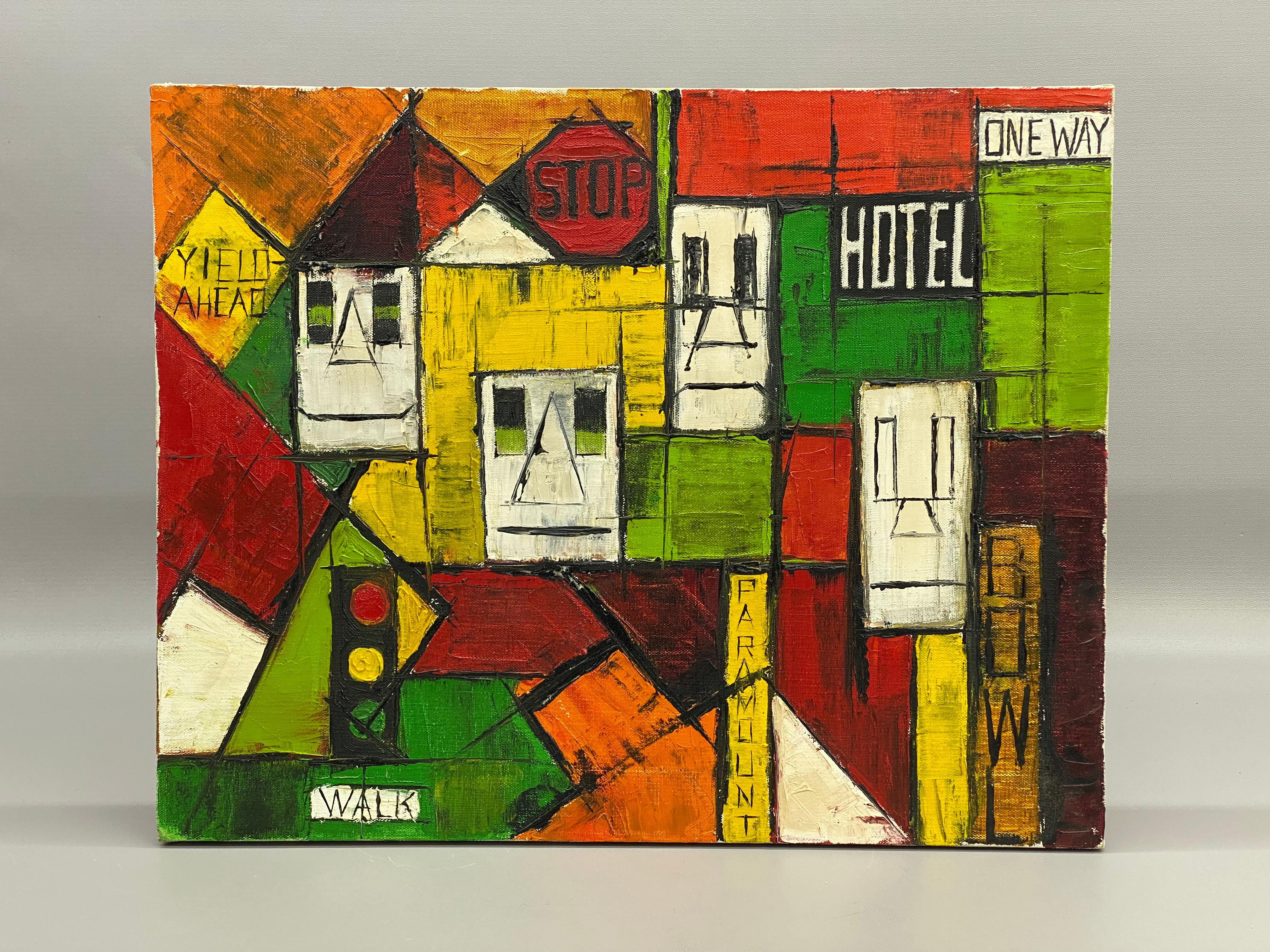 Pintura acrílica colorista expresionista modernista estadounidense sobre lienzo. La obra es claramente un homenaje y una influencia de Bernard Buffet, el pintor figurativo expresionista francés. El artista ha utilizado la línea negra dura para