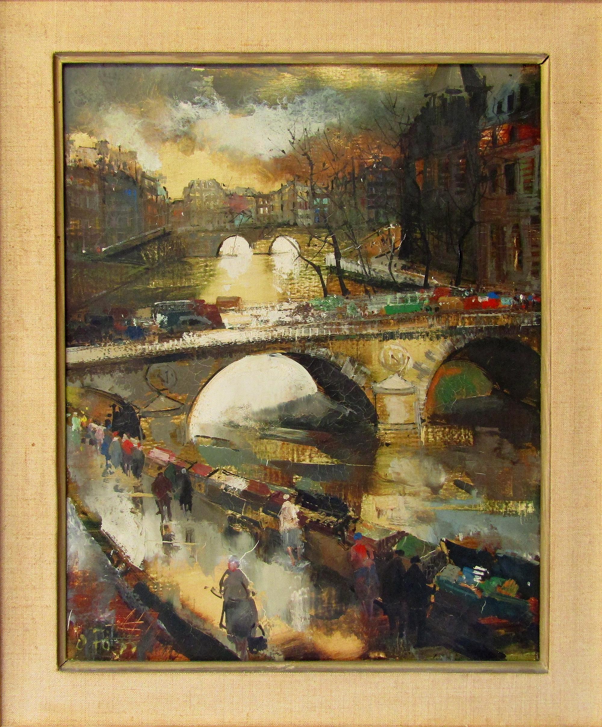 Huile sur toile originale de 1960 du peintre post-impressionniste Oliver Foss (1920-2002). Elle représente une vue dynamique de la Seine à Paris. 

Dimensions de l'encadrement : 20