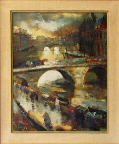 Olio su tela espressionista Veduta di Parigi sulla Senna di Oliver Foss (1920-2002)
