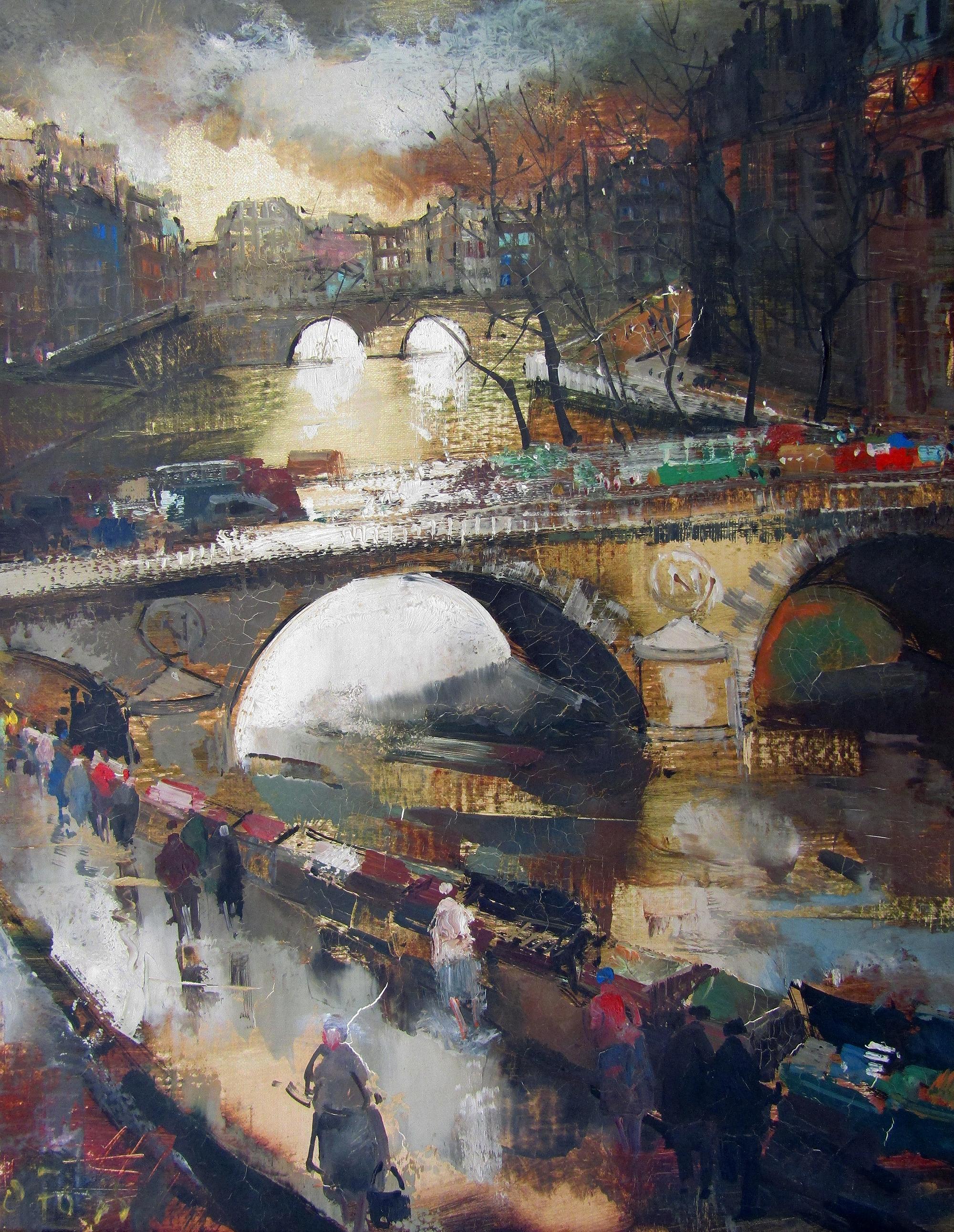 Postmoderne Huile sur toile vue de la Seine Paris par Oliver Foss (1920-2002)