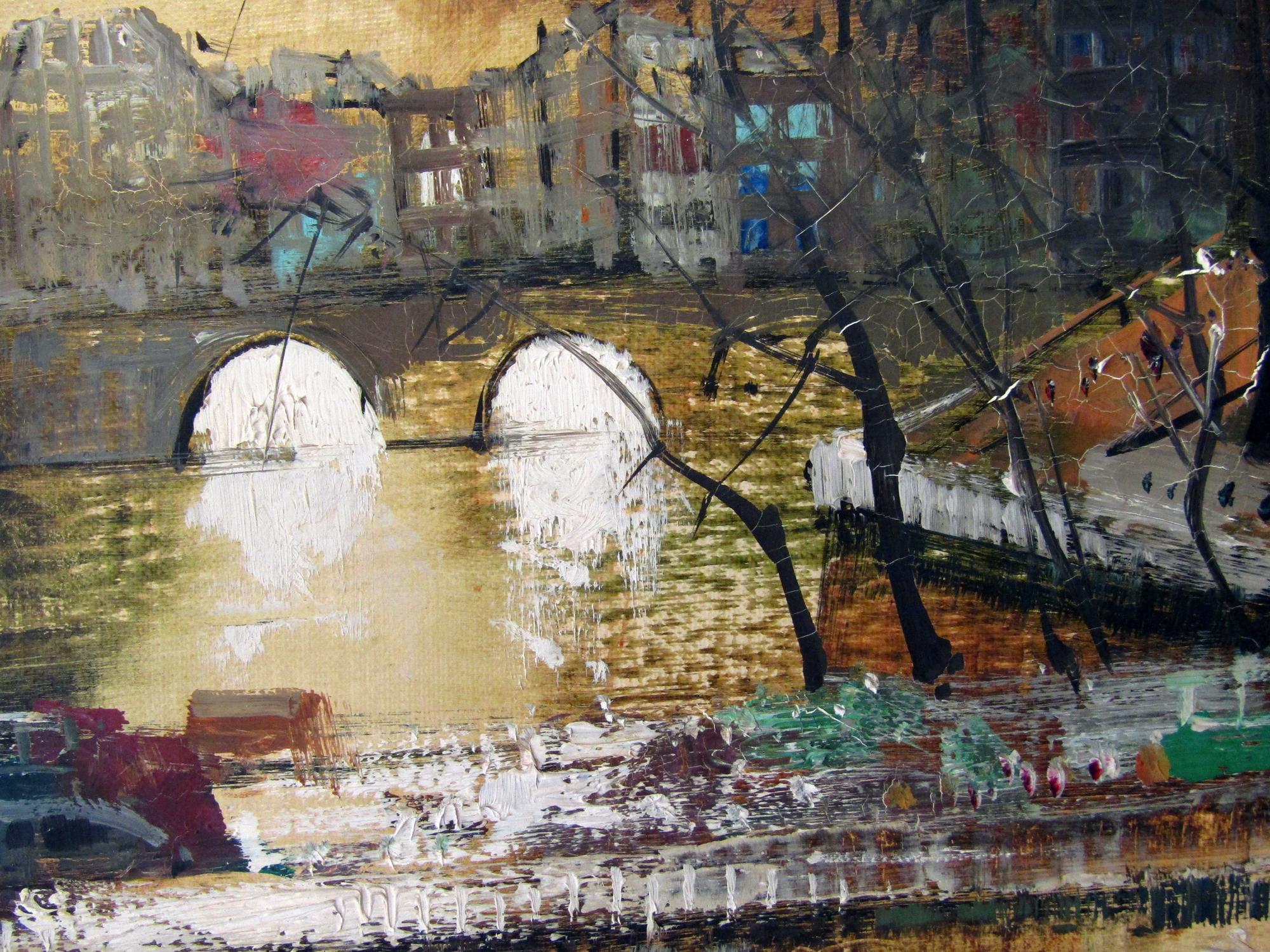 Huilé Huile sur toile vue de la Seine Paris par Oliver Foss (1920-2002)
