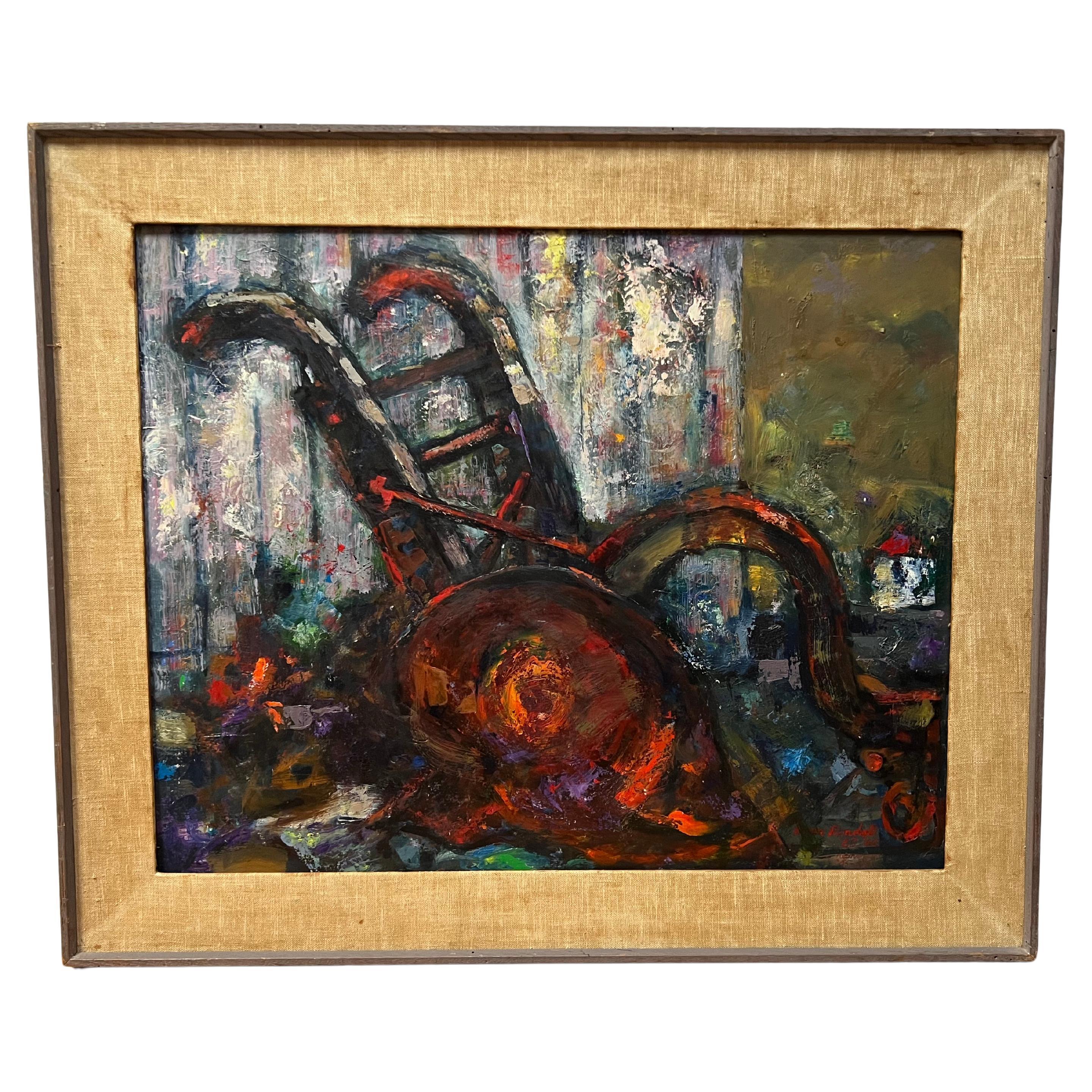 Signed and dated 1965-1966.
Randall painted some kind of machinery with expressive colors and bold brushstrokes. Randall had a fascination with labor workers and work environments and often made the subject of his piece machinery seen in factories.