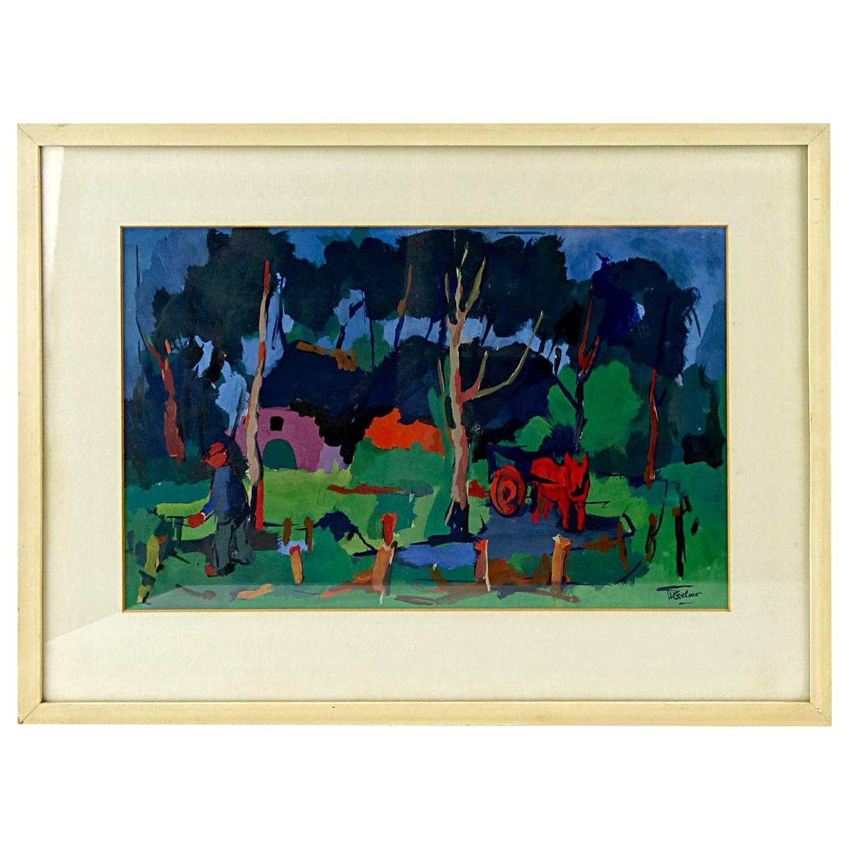 Pintura al óleo expresionista de un patio de granjeros en estilo fauvista de Henri Titselaar