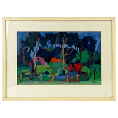 Pittura ad olio espressionista di un cortile di contadini in stile fauvista di Henri Titselaar