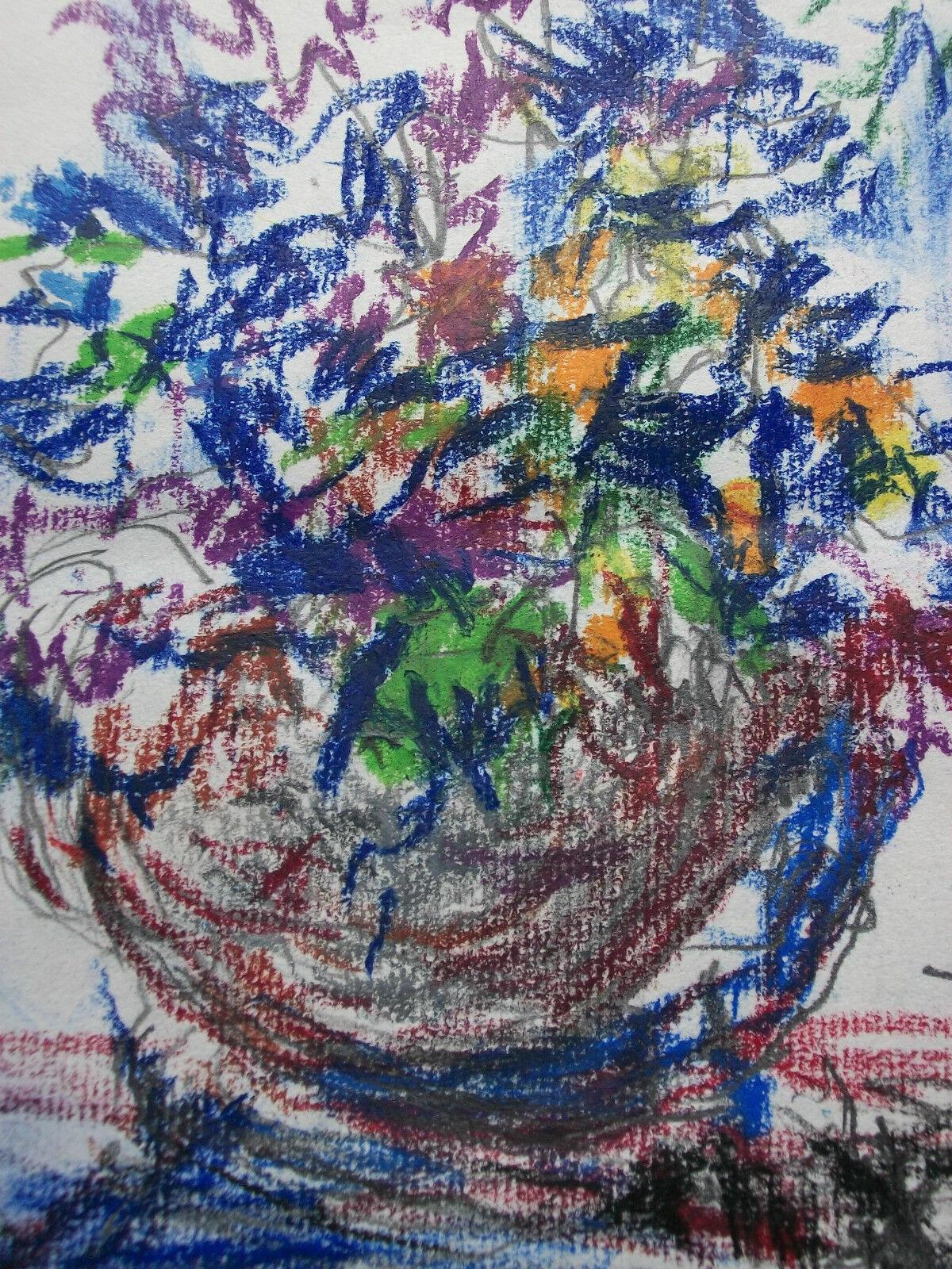 Hand-Crafted Expressionist Oil Pastel Still Life on Paper - Signed - Unframed - Circa 2005 For Sale