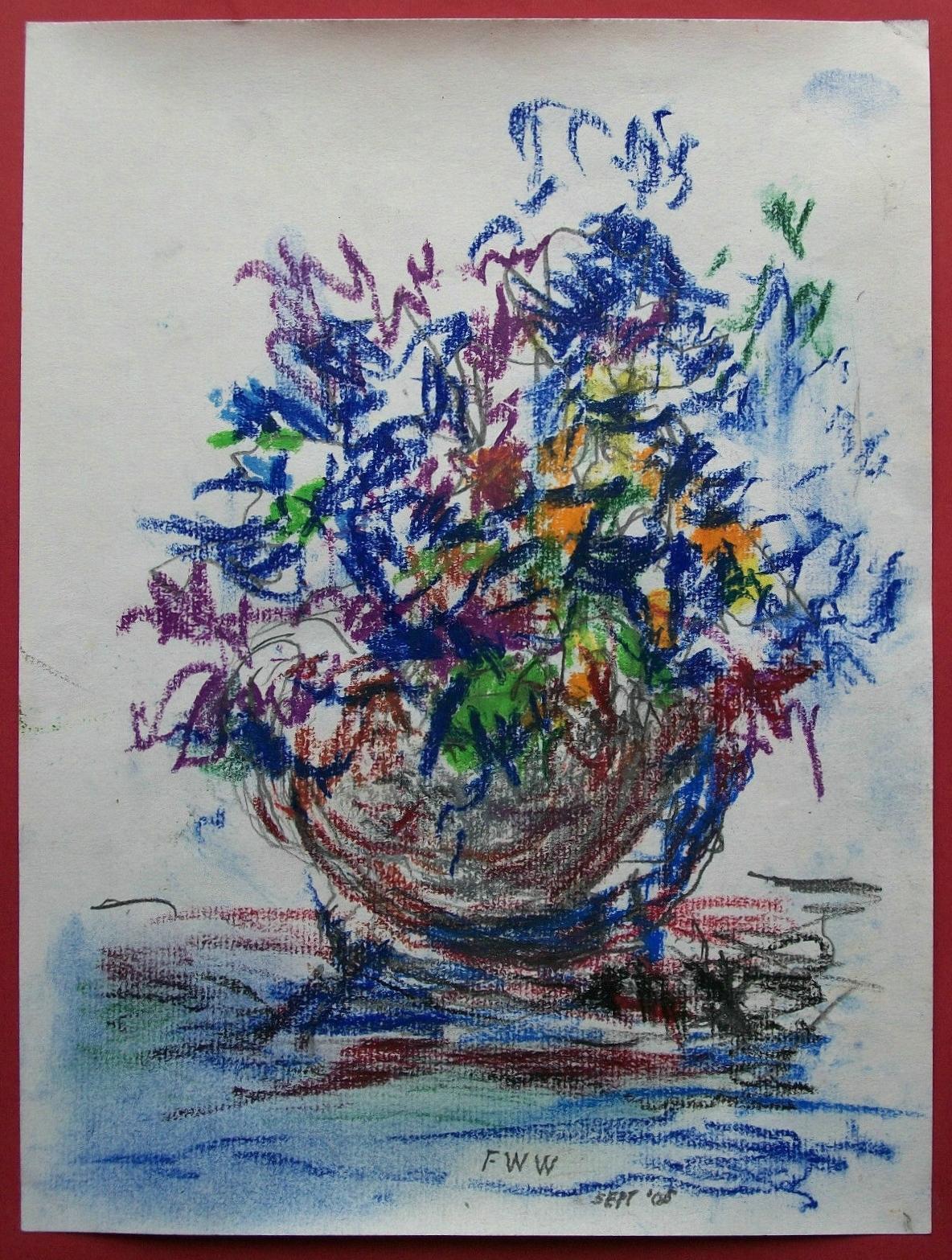 Nature morte expressionniste au pastel à l'huile sur papier - Signée - Non encadrée - Circa 2005 en vente 1