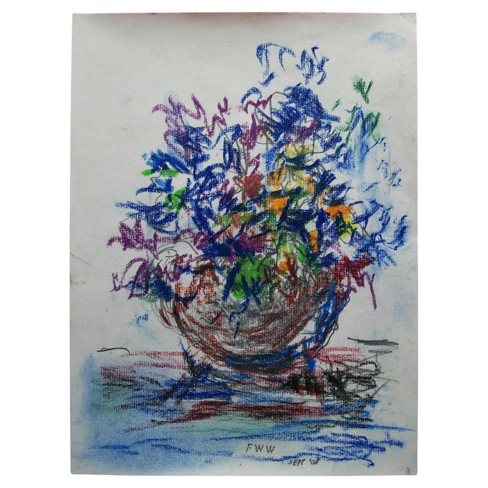 Expressionist Oil Pastel Still Life on Paper - Signed - Unframed - Circa 2005 For Sale