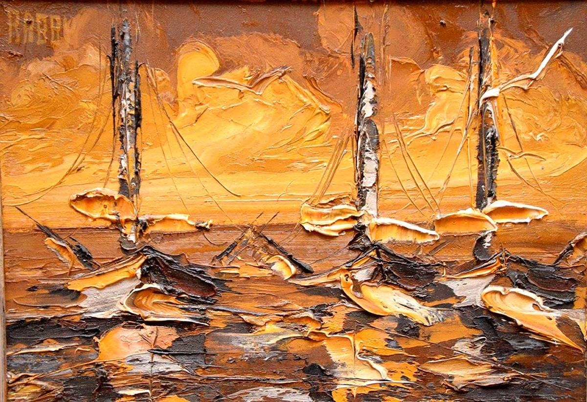 A stunning 1972 depiction of sailboats at sunrise by Jim Rabby (American, 1947). Original oil on canvas. Matted and framed. Hand signed by the artist. Palette knife technique with thick paint and bold strokes.

UPDATE: Please be aware that the