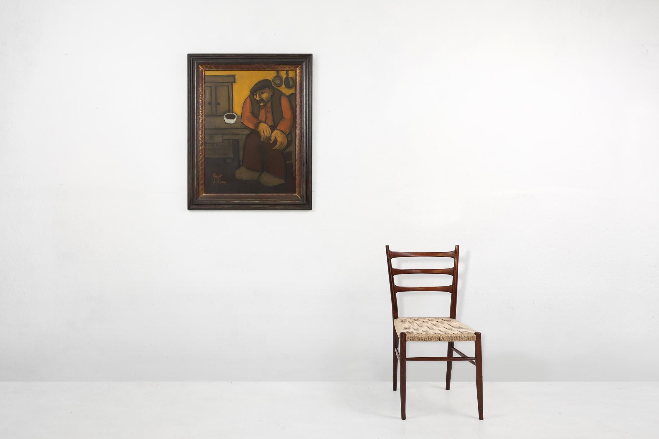 Belgien / 1940 / Gemälde / Robert Deman / Holz, Leinwand / Mitte des Jahrhunderts 

Ein Ölgemälde, das einen einsamen Mann zeigt, der an einem rustikalen Holztisch sitzt und eine Atmosphäre der Kontemplation und Introspektion ausstrahlt. Robert