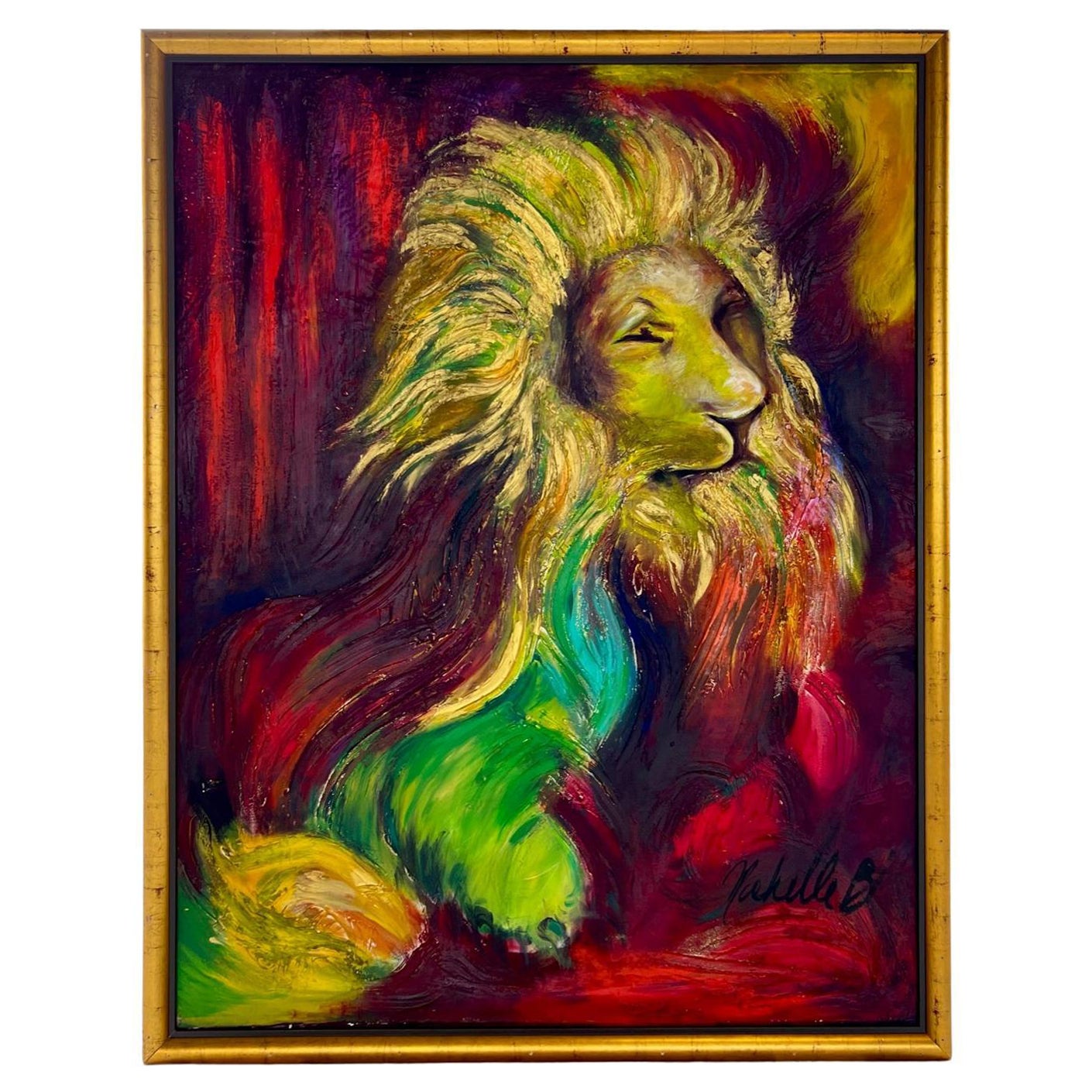 Expressionistisches Gemälde des Löwen von Michelle Betancourt  Mixed Media 60 Zoll x 60 Zoll im Angebot