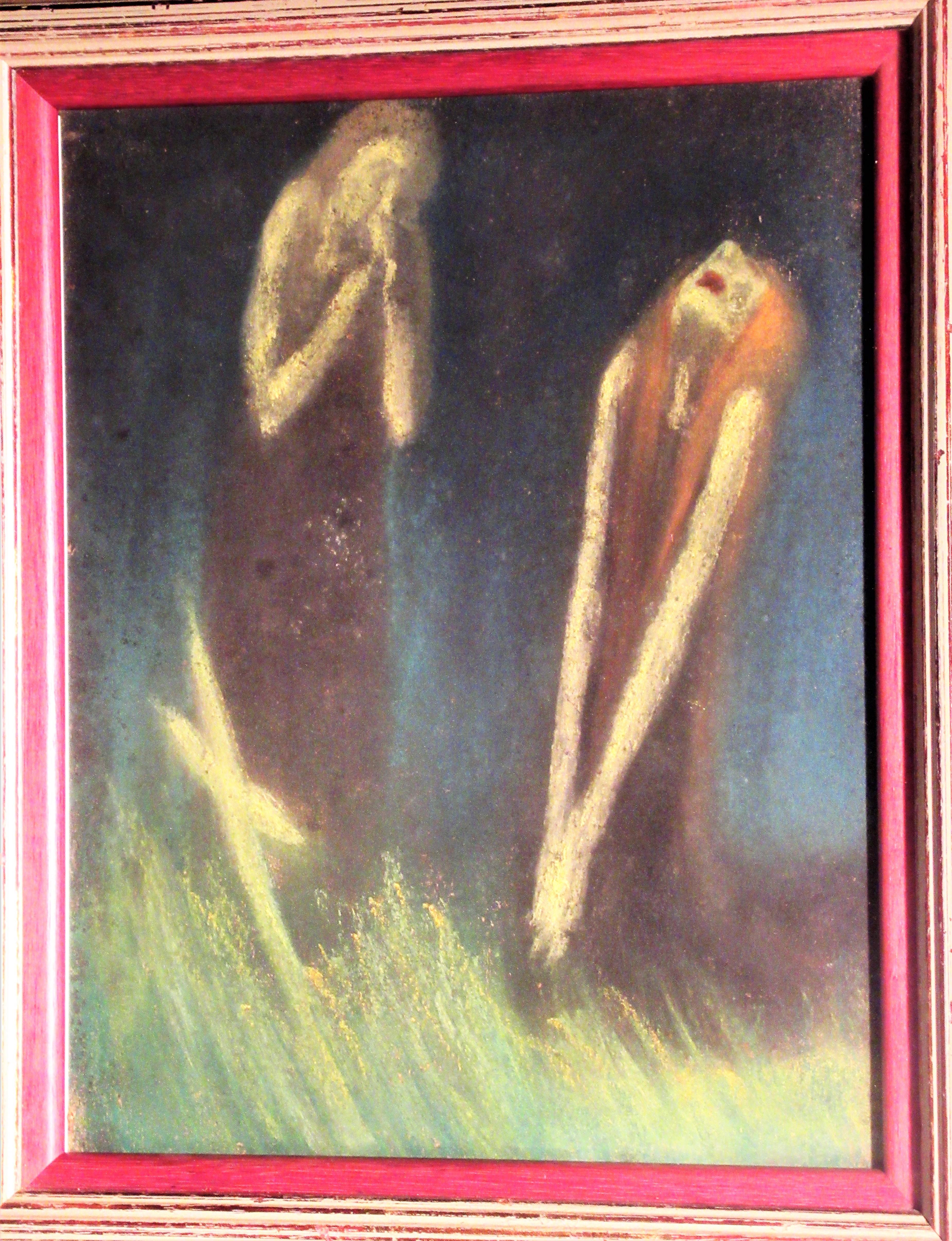 Excruciatingly powerful expressionist pastel painting on paper of two women mourning at a grave site by Illya Zemsky (Russian American 1892-1961) Framed measurements are 19 1/2