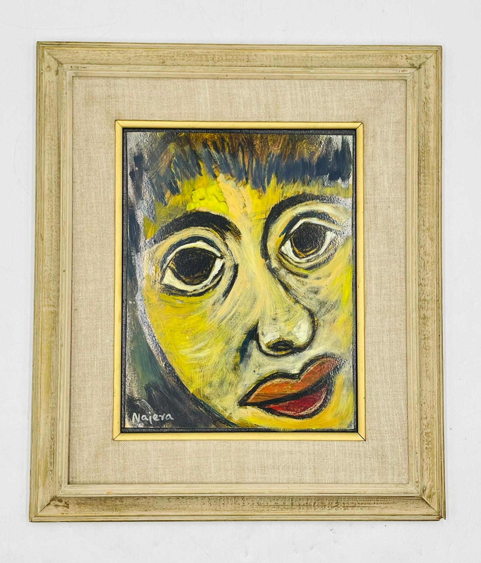 Striking Expressionist portrait painting by Héctor Najera (Mexican, 1931–2004), executed in oil on board. Born in Monterrey, Mexico, Najera was known for his emotionally charged, figurative works that explore identity, introspection, and the