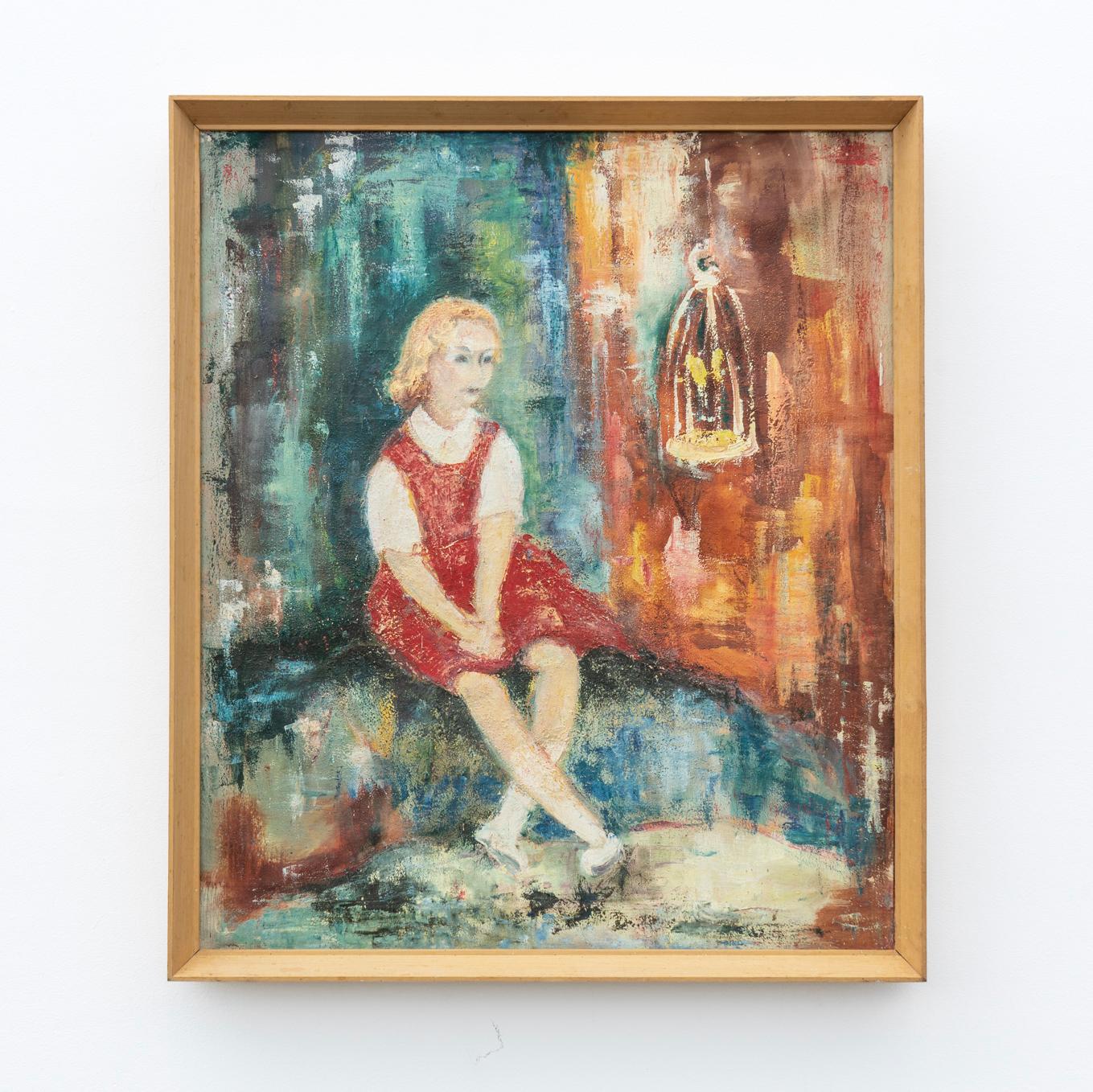 MID CENTURY COLOURFUL OIL PAINTING DEPICTING A SEATED GIRL IN A ROOM WITH TWO CANARIES IN A BIRDCAGE
An ethereal dreamy scene which skilfully captures the mood.

Confidently painted with a bold, expressionist colour palette using stylised