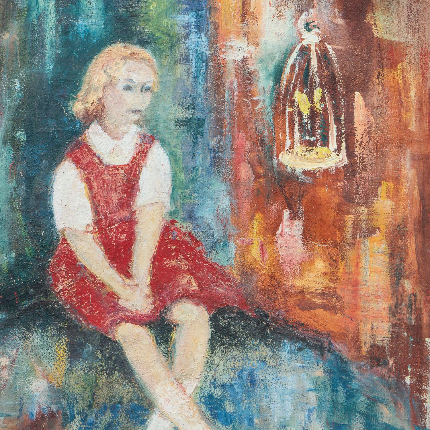 European Expressionist Portrait of a Girl with a Bird Cage, Original Vintage Oil. C.1950s For Sale