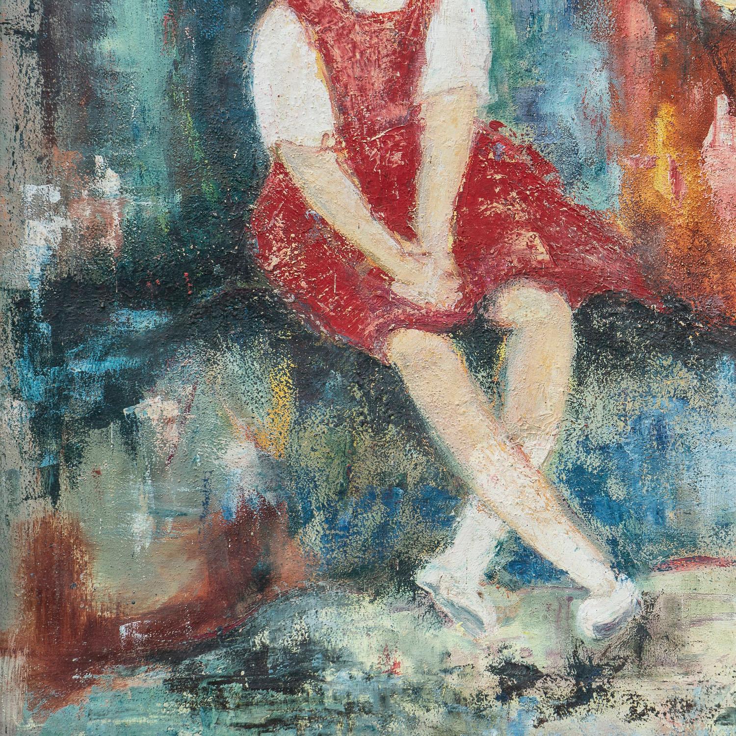 Hand-Painted Expressionist Portrait of a Girl with a Bird Cage, Original Vintage Oil. C.1950s For Sale