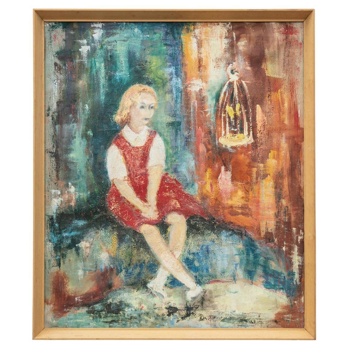 Expressionist Portrait of a Girl with a Bird Cage, Original Vintage Oil 1950s For Sale
