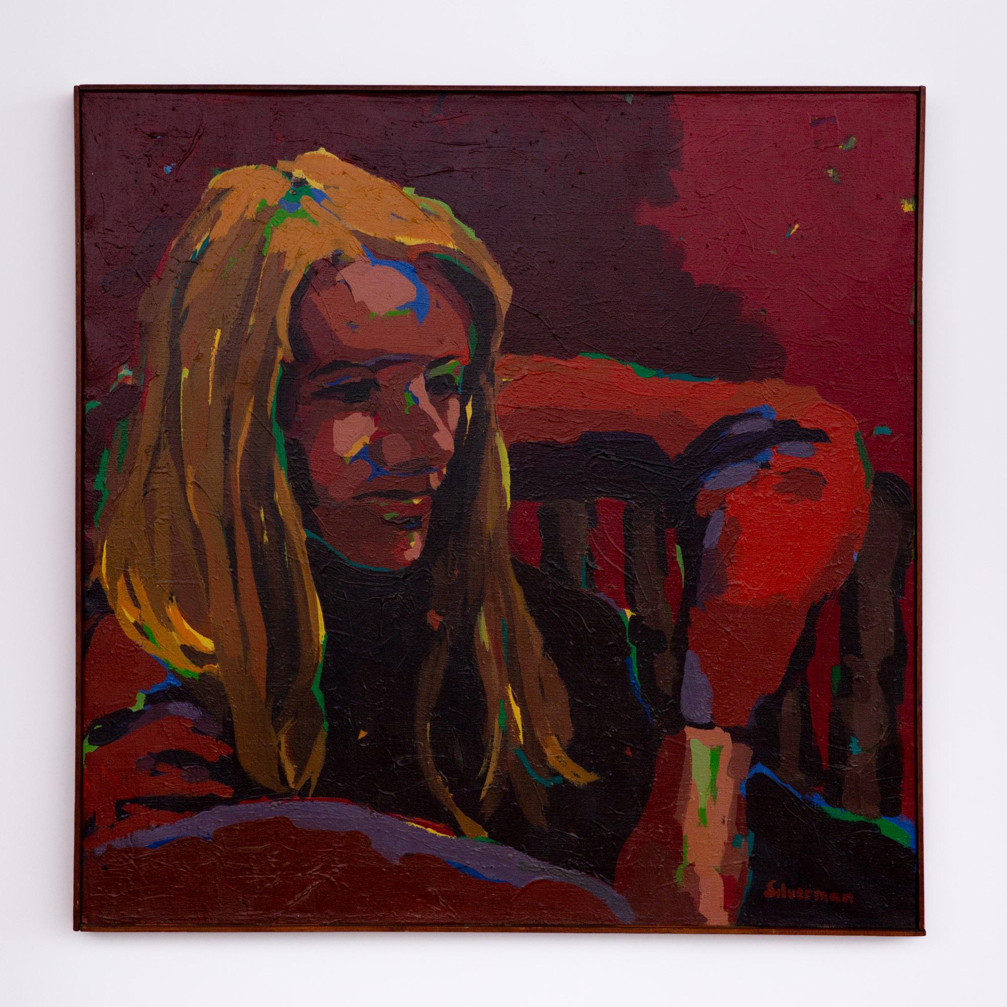 Expressionist portrait of a woman that alludes to the Fauvist movement filled with garnet, scarlet and deep brown color fields. Bright green, yellow and blue accents highlight the areas light interacts with the subject. The woman is shown in a