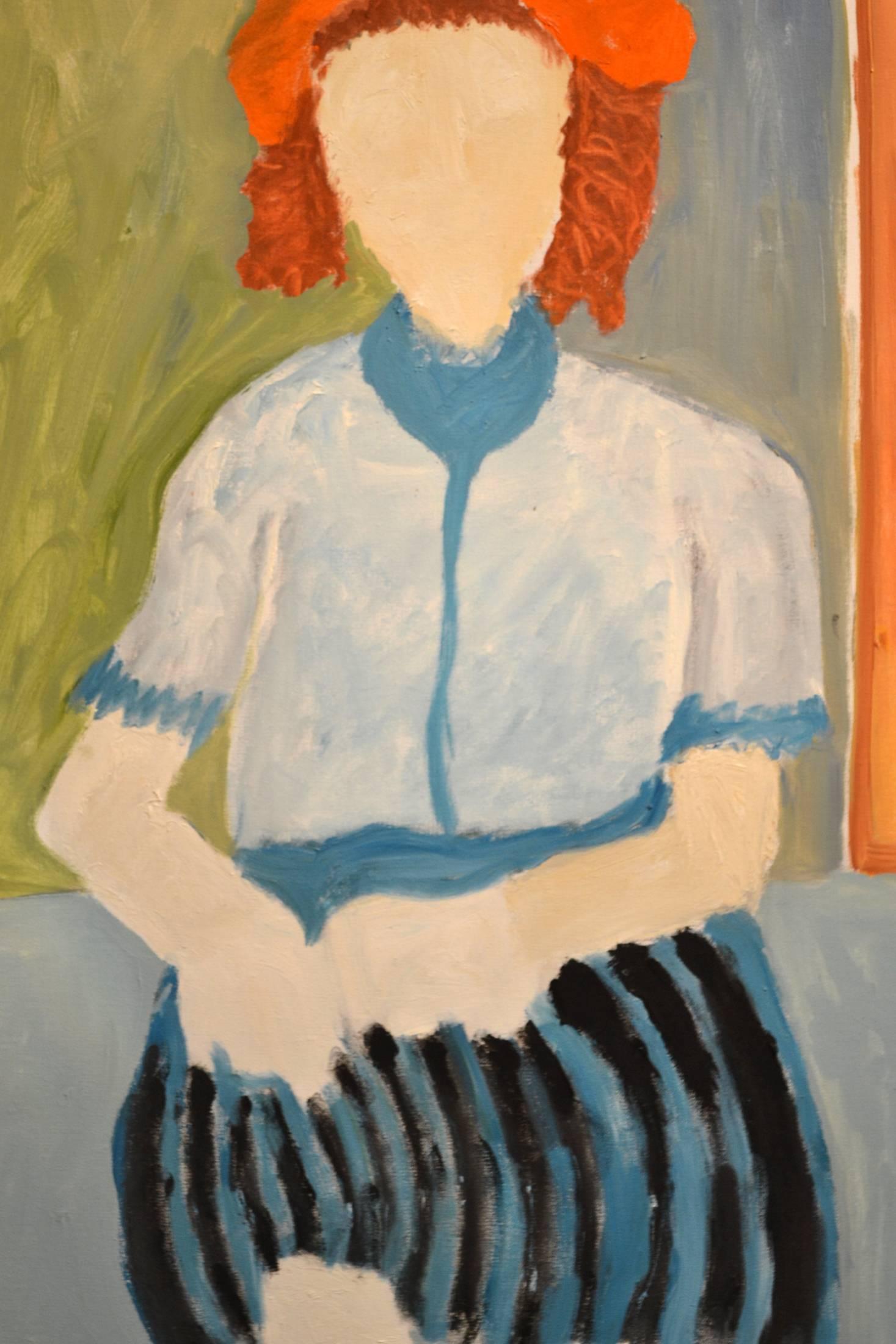 This exceptional painting titled Expressionist Portrait of Woman in Striped Skirt is by highly listed and respected self-taught artist JoAnne Fleming (b. 1930). The artist's characteristic style exudes a primitive quality to each and every work of