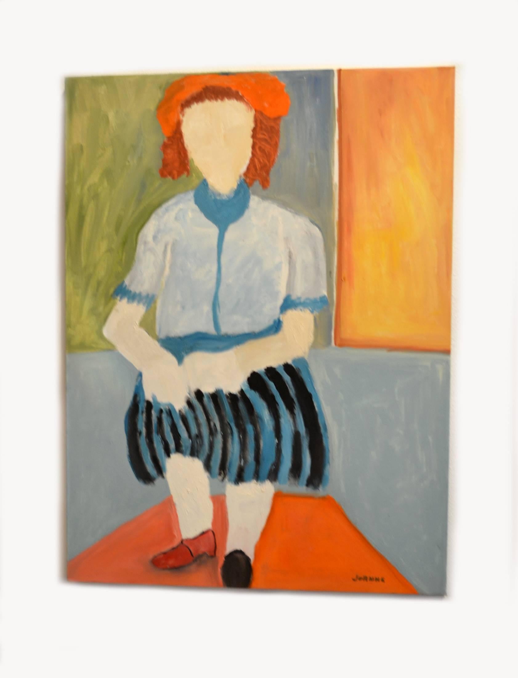 American Expressionist Portrait of Woman in Striped Skirt by JoAnne Fleming For Sale