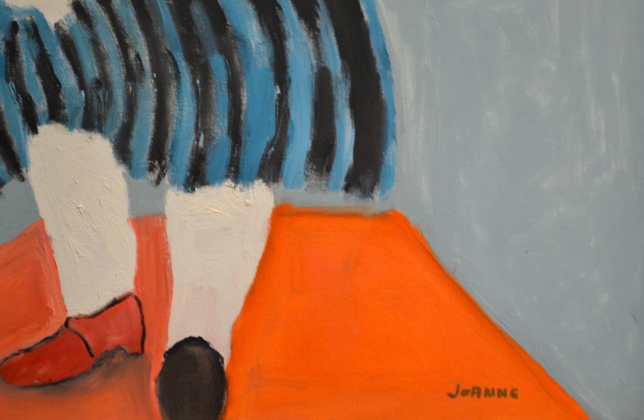 Hand-Painted Expressionist Portrait of Woman in Striped Skirt by JoAnne Fleming For Sale