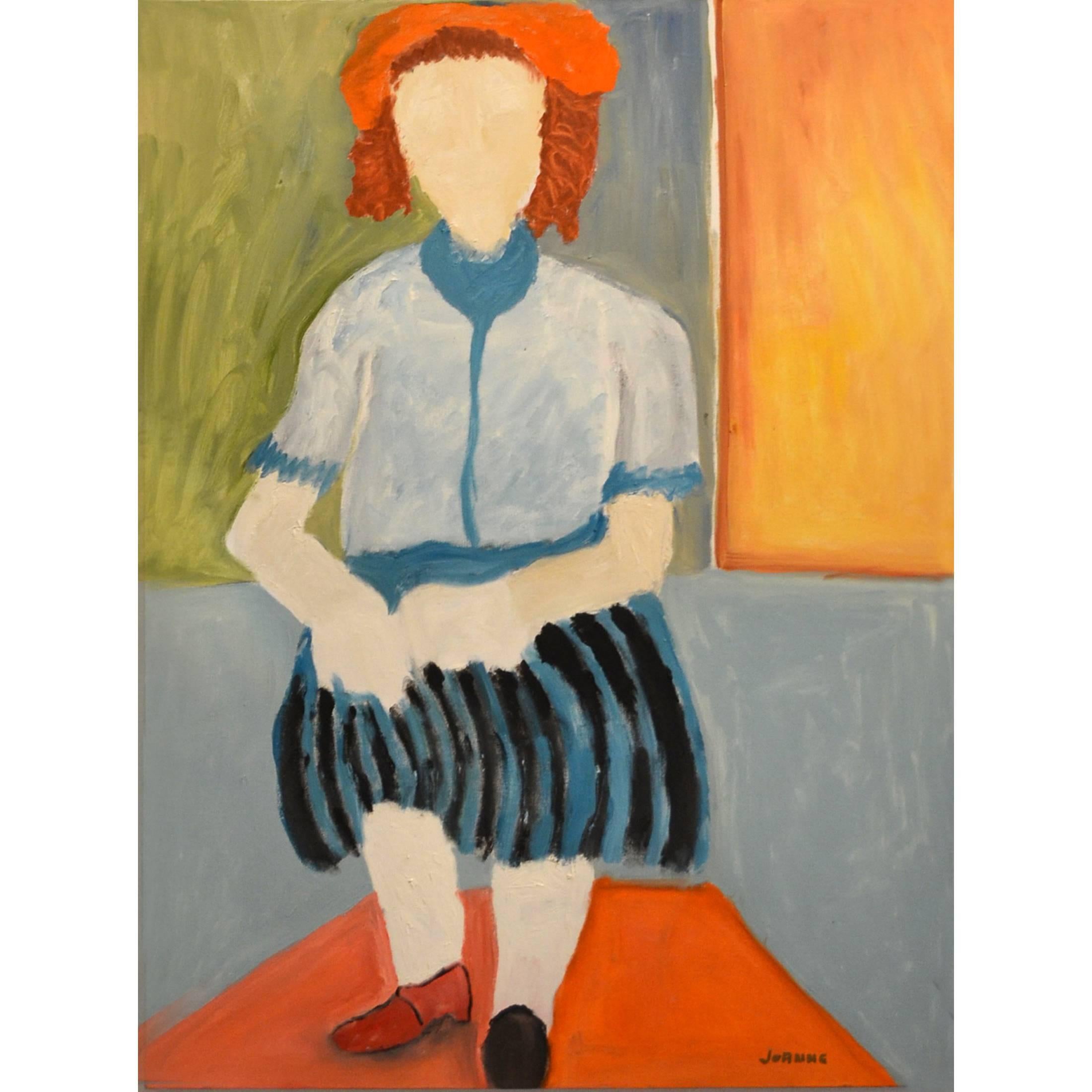 Expressionist Portrait of Woman in Striped Skirt by JoAnne Fleming For Sale