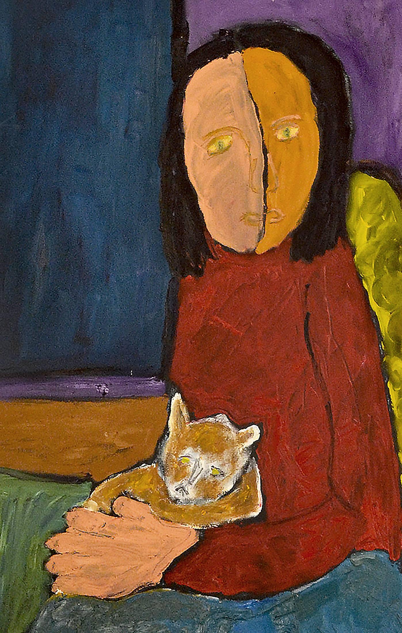 This exceptional painting titled abstract expressionist portrait of woman with Cat, artist no 714 is by highly listed and respected self-taught artist JoAnne Fleming (b. 1930). The artist's characteristic style exudes a primitive quality to each and