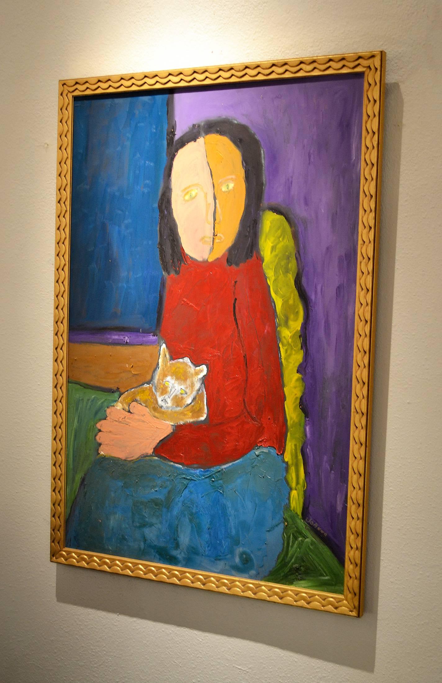 Expressionist Portrait of Woman with Cat by Artist JoAnne Fleming In Excellent Condition For Sale In Cathedral City, CA