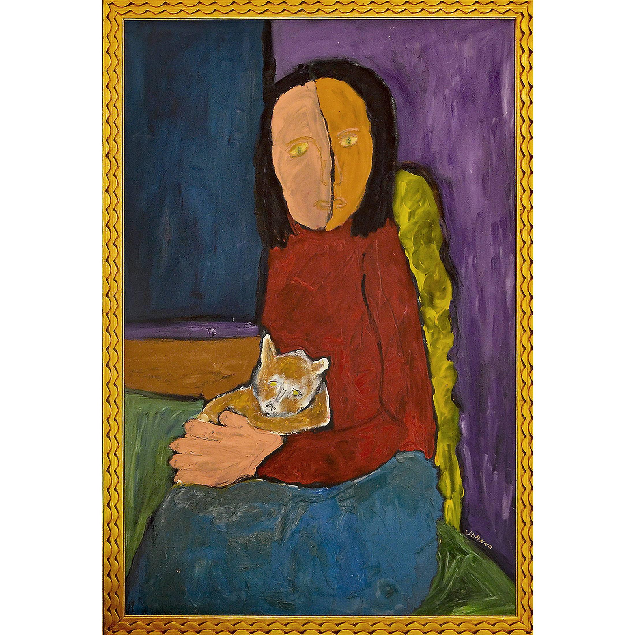 Expressionist Portrait of Woman with Cat by Artist JoAnne Fleming For Sale