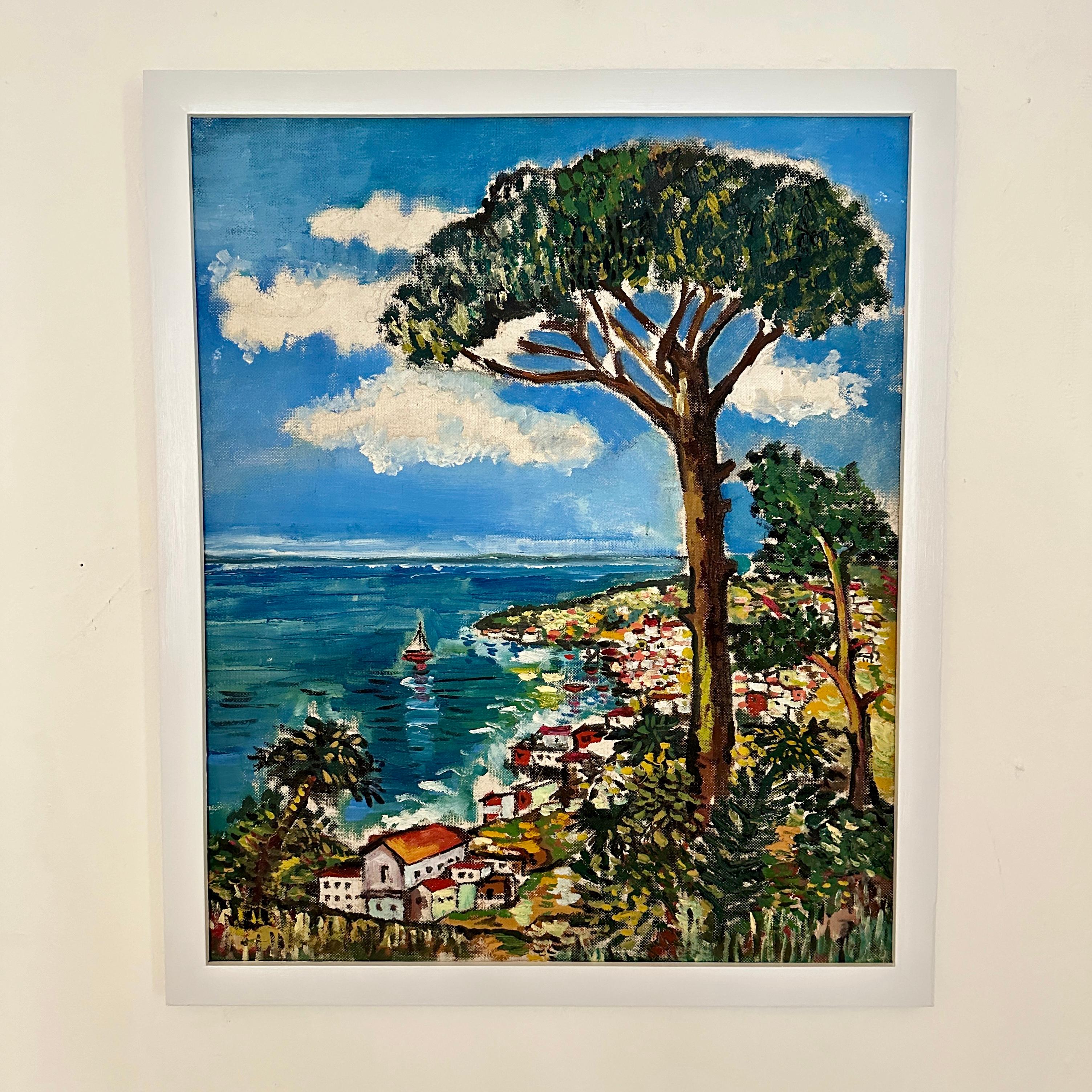 Dieses expressionistische Ölgemälde aus der Zeit um 1970 fängt die lebendige Essenz der Côte d'Azur ein, einer mediterranen Küstenregion, die für ihre atemberaubenden Landschaften und leuchtenden Farben bekannt ist. Der Künstler verwendet kräftige